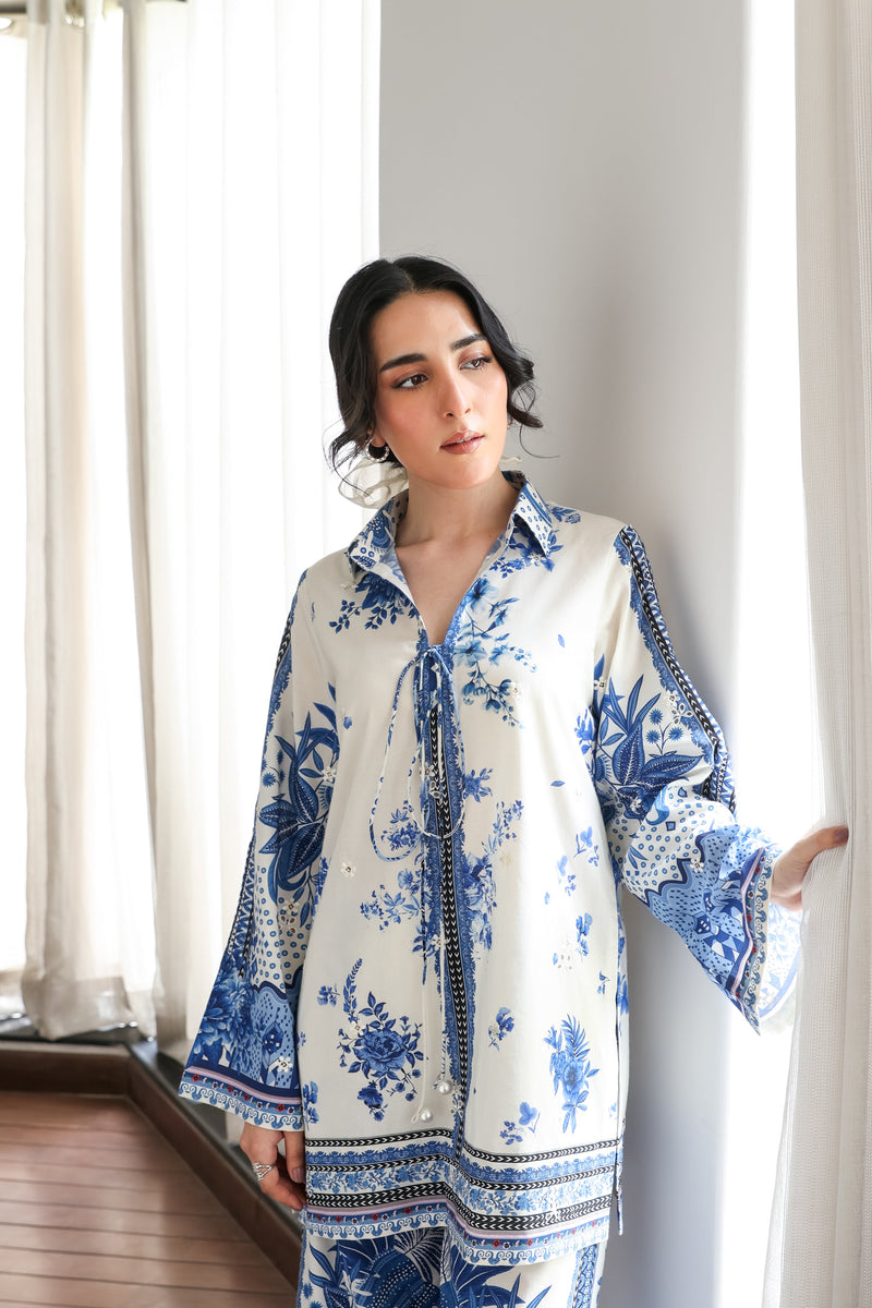 OFF-WHITE &amp; BLUE LUXURY PRINTED 2PCS SET (NPA2-25308)- READY TO WEAR