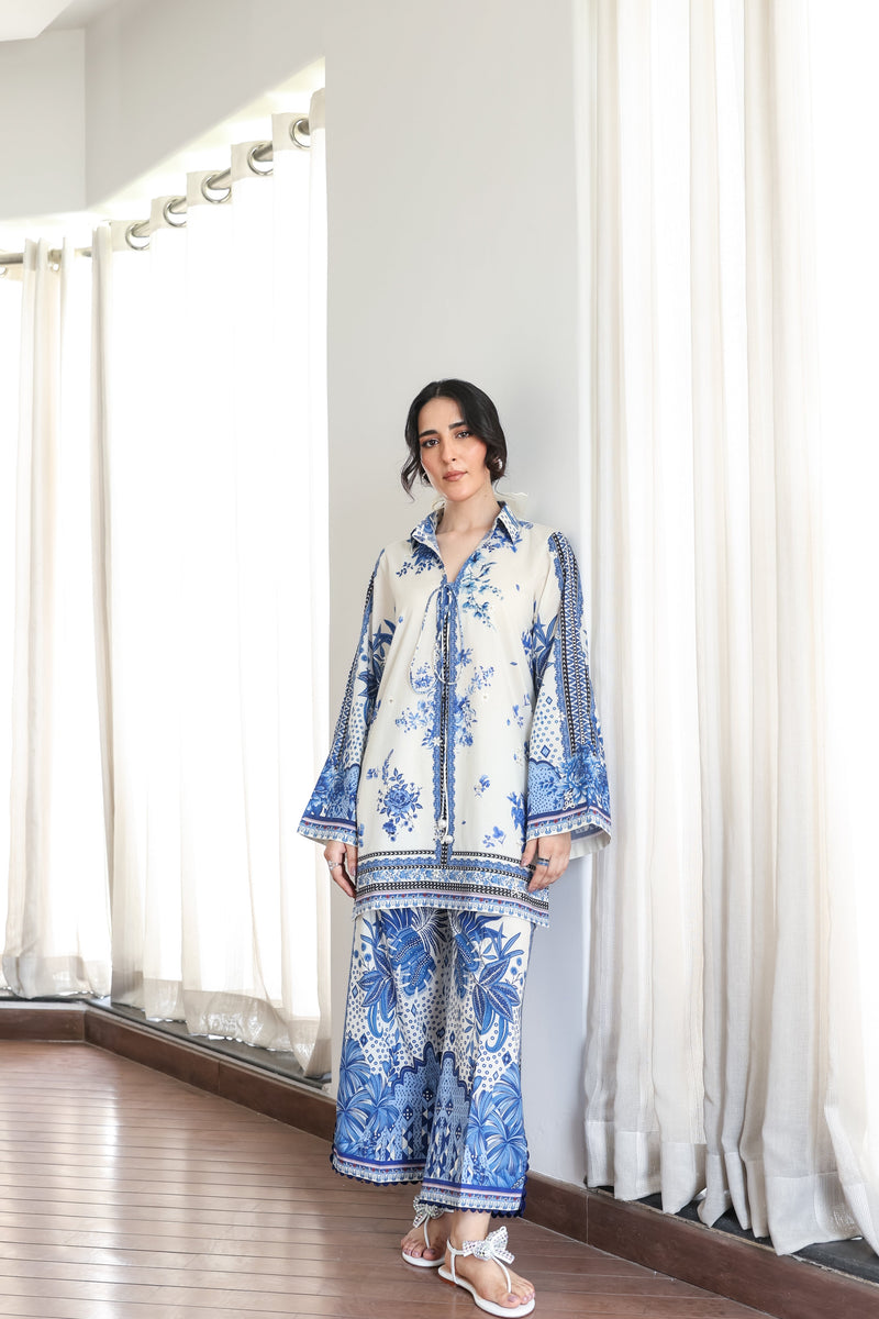 OFF-WHITE &amp; BLUE LUXURY PRINTED 2PCS SET (NPA2-25308)- READY TO WEAR