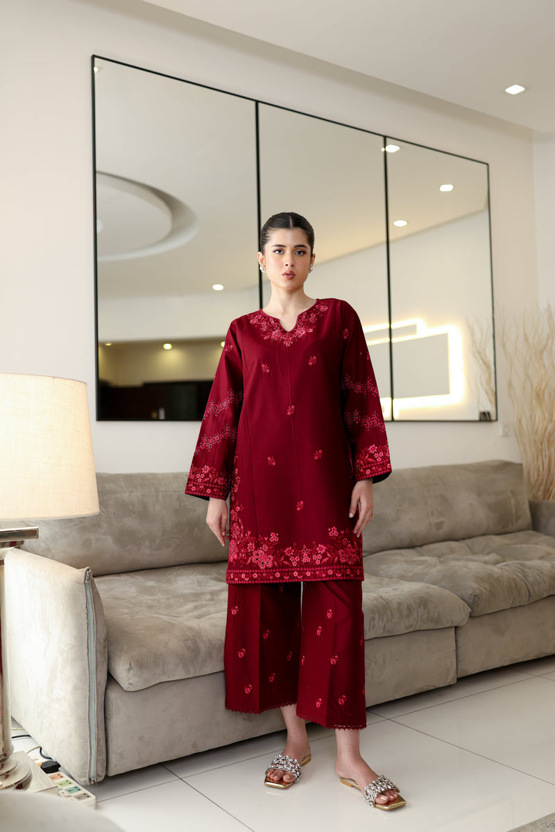 MAROON LUXURY EMBROIDERED KARANDI SET STITCHED (NEL-25622) READY TO SHIP