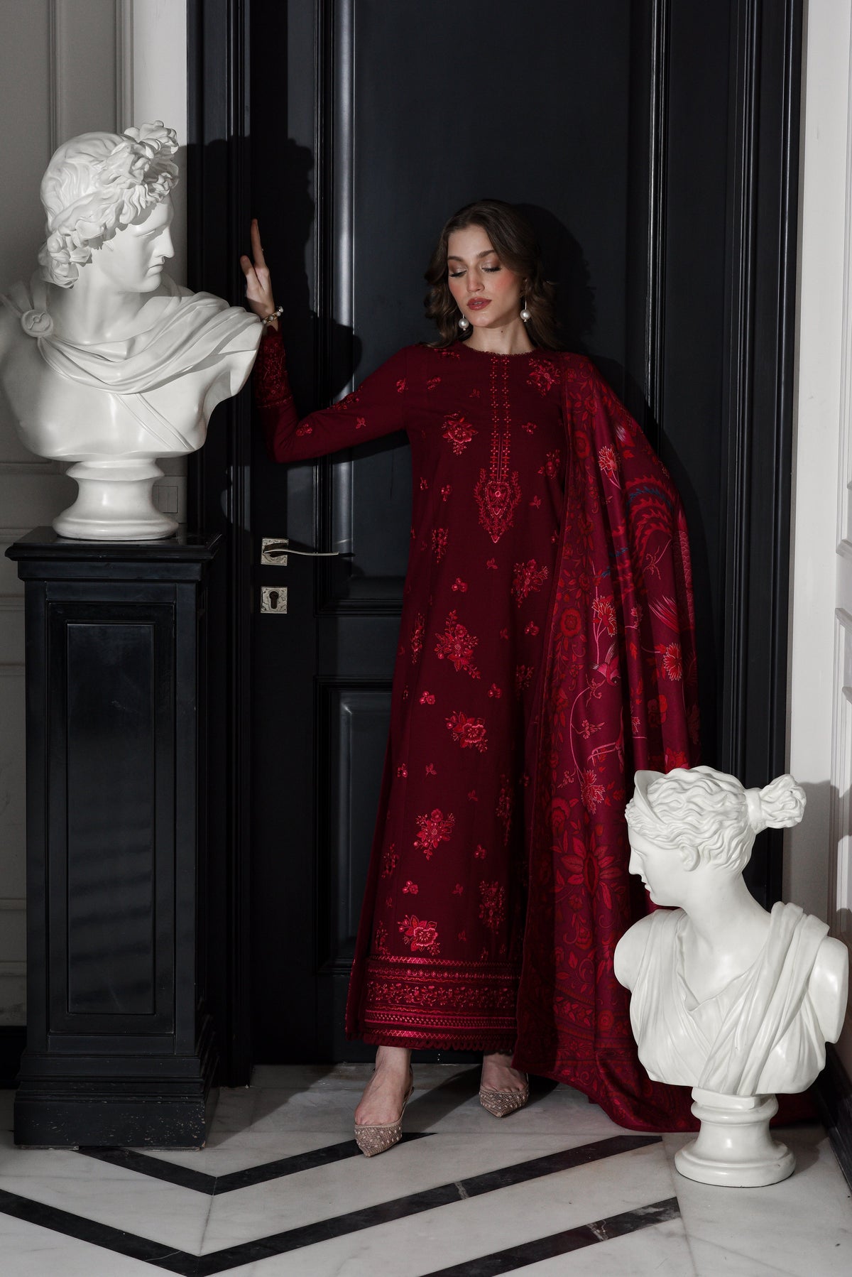 MAROON LUXURY EMBROIDERED KARANDI SET STITCHED (NEL-25622) READY TO SHIP