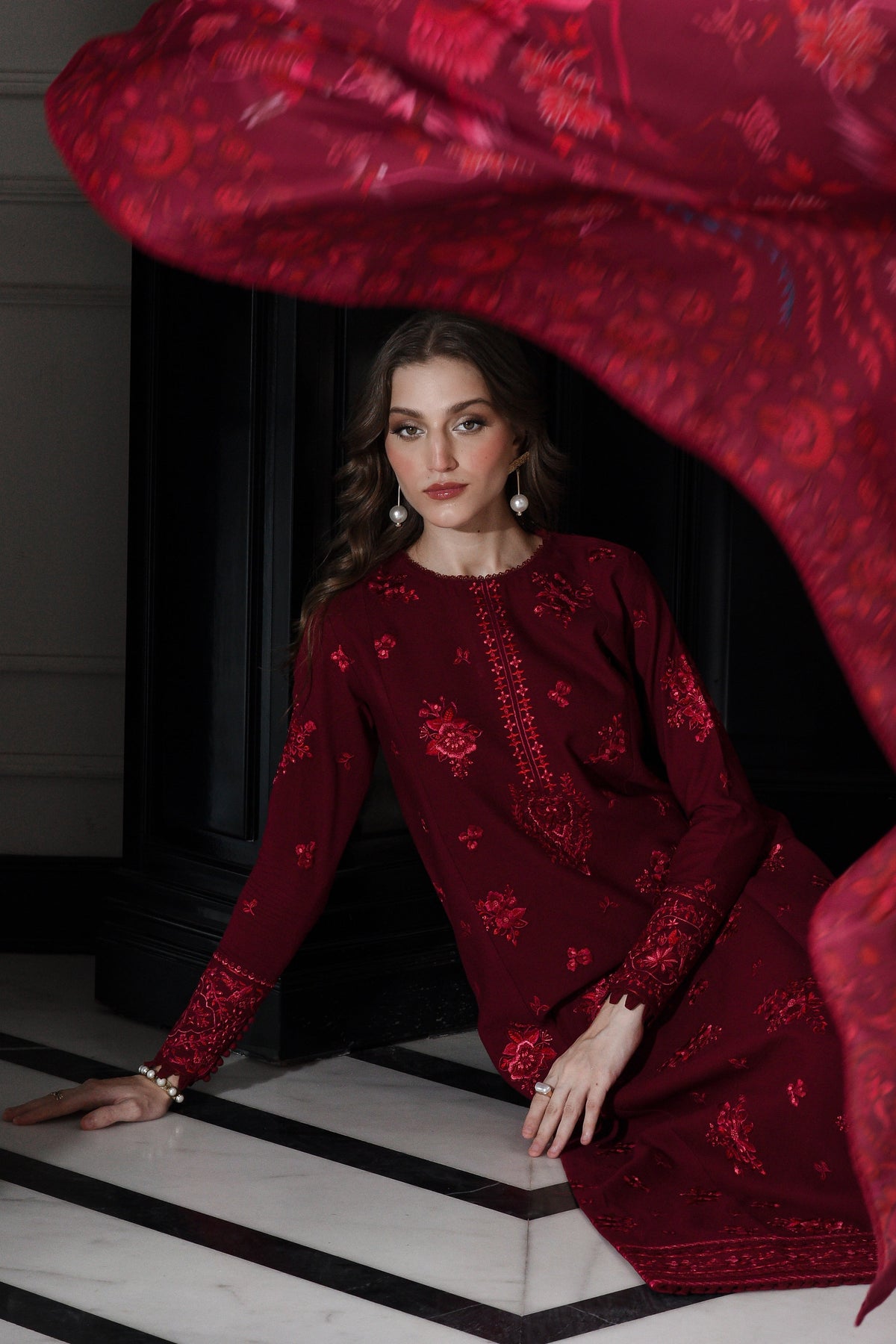 MAROON LUXURY EMBROIDERED KARANDI SET STITCHED (NEL-25622) READY TO SHIP
