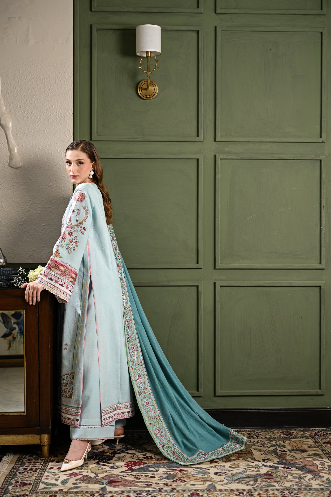 Ice Blue Luxury Embroidered Karandi Set Stitched (Nel-25634) Ready To Ship