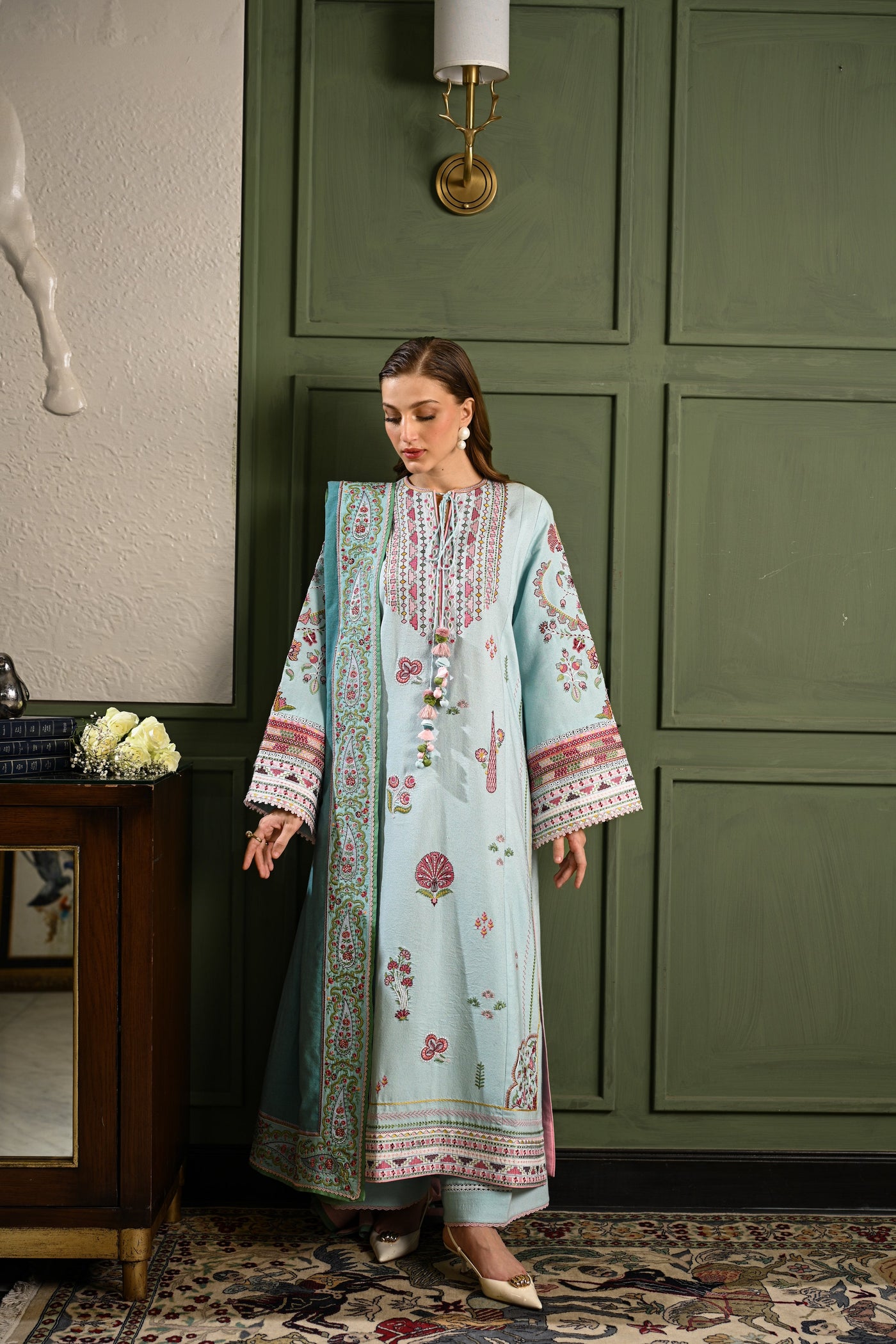 Ice Blue Luxury Embroidered Karandi Set Stitched (Nel-25634) Ready To Ship