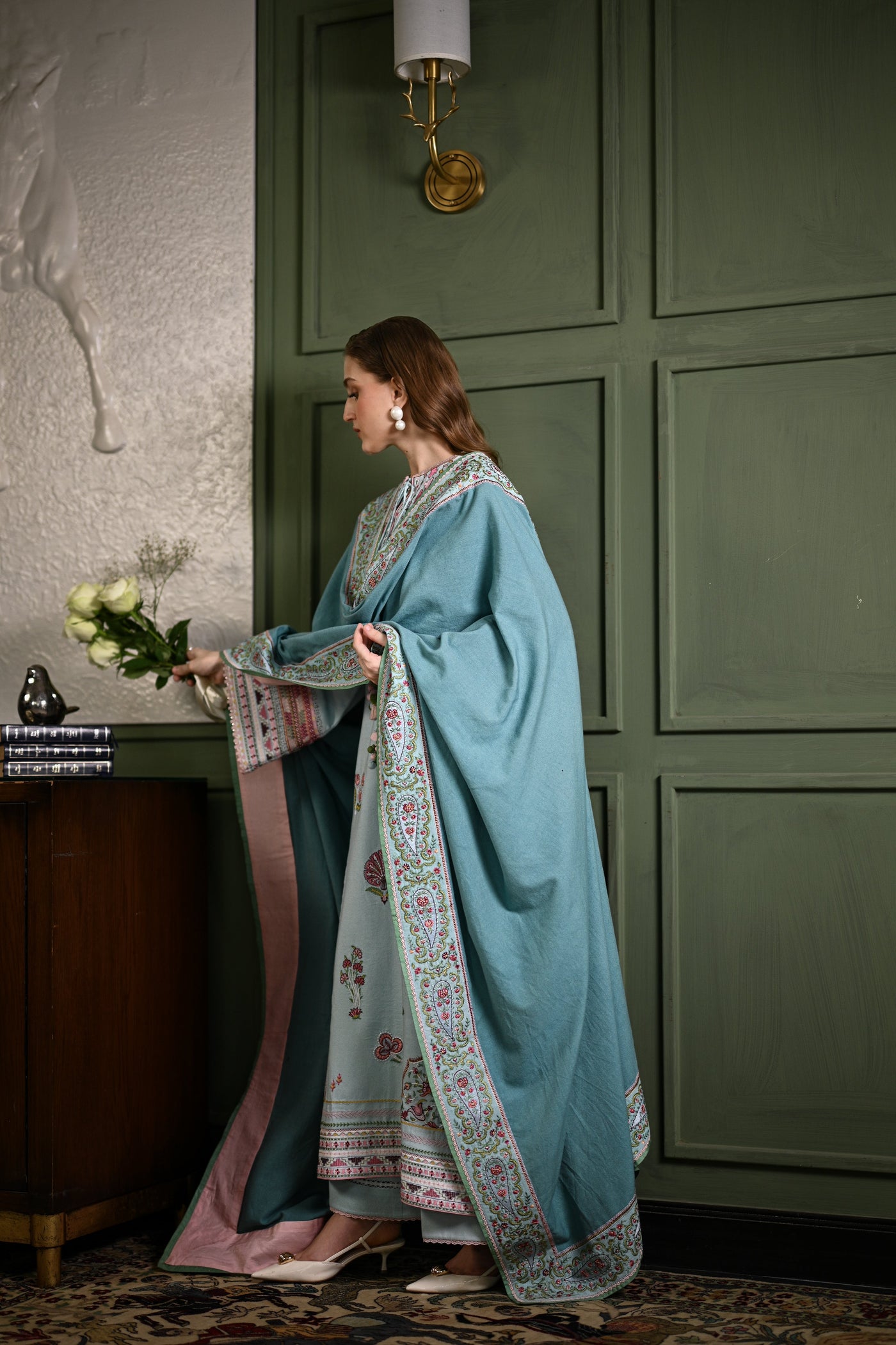 Ice Blue Luxury Embroidered Karandi Set Stitched (Nel-25634) Ready To Ship