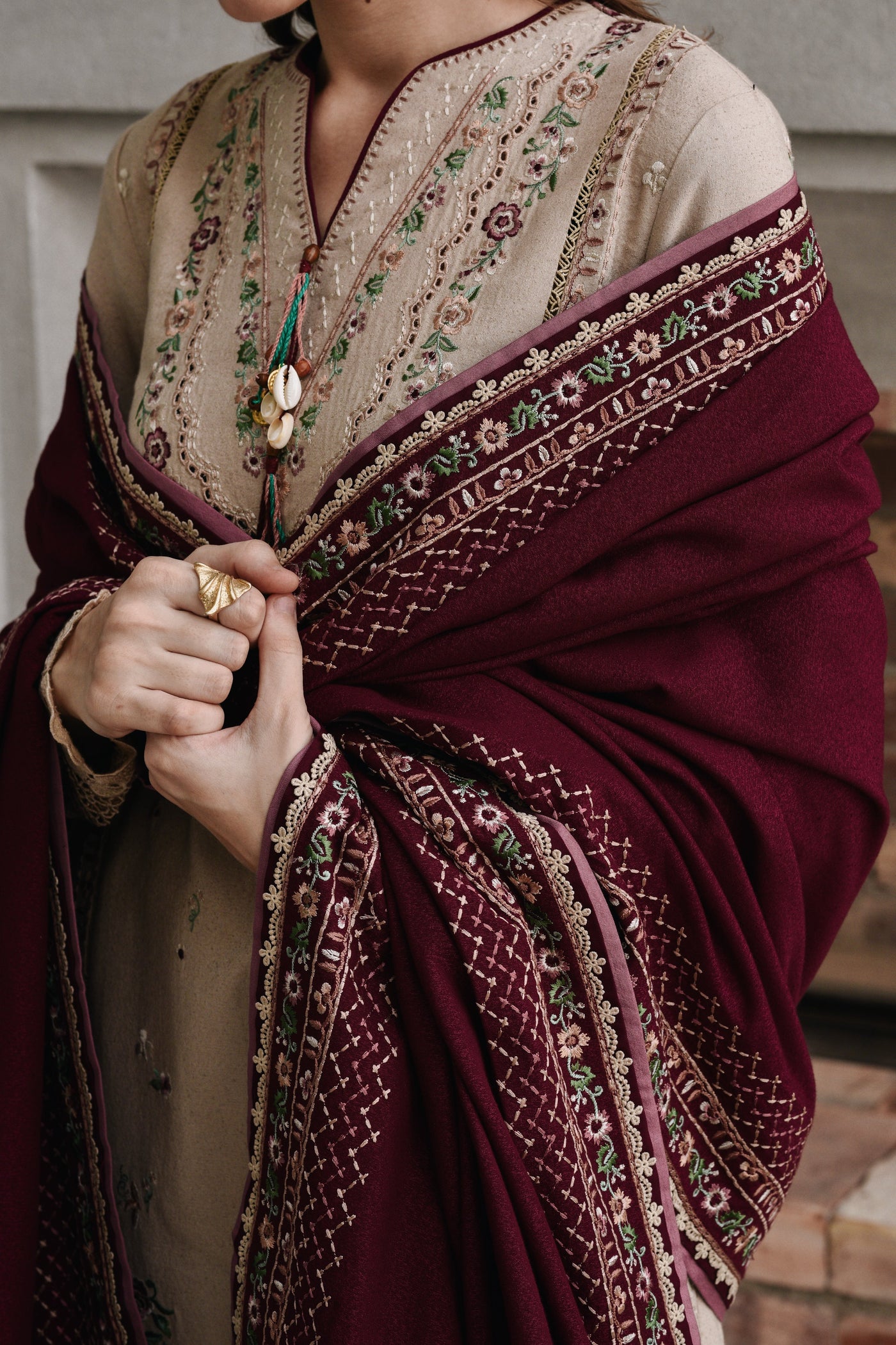 Beige & Burgundy Luxury Embroidered Karandi Set Stitched (Nel-25628) Ready To Ship
