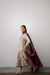 BEIGE & BURGUNDY LUXURY EMBROIDERED KARANDI SET STITCHED (NEL-25628) READY TO SHIP