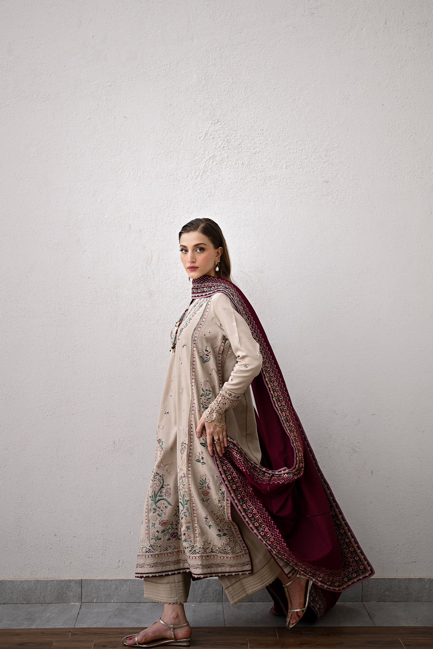 Beige & Burgundy Luxury Embroidered Karandi Set Stitched (Nel-25628) Ready To Ship