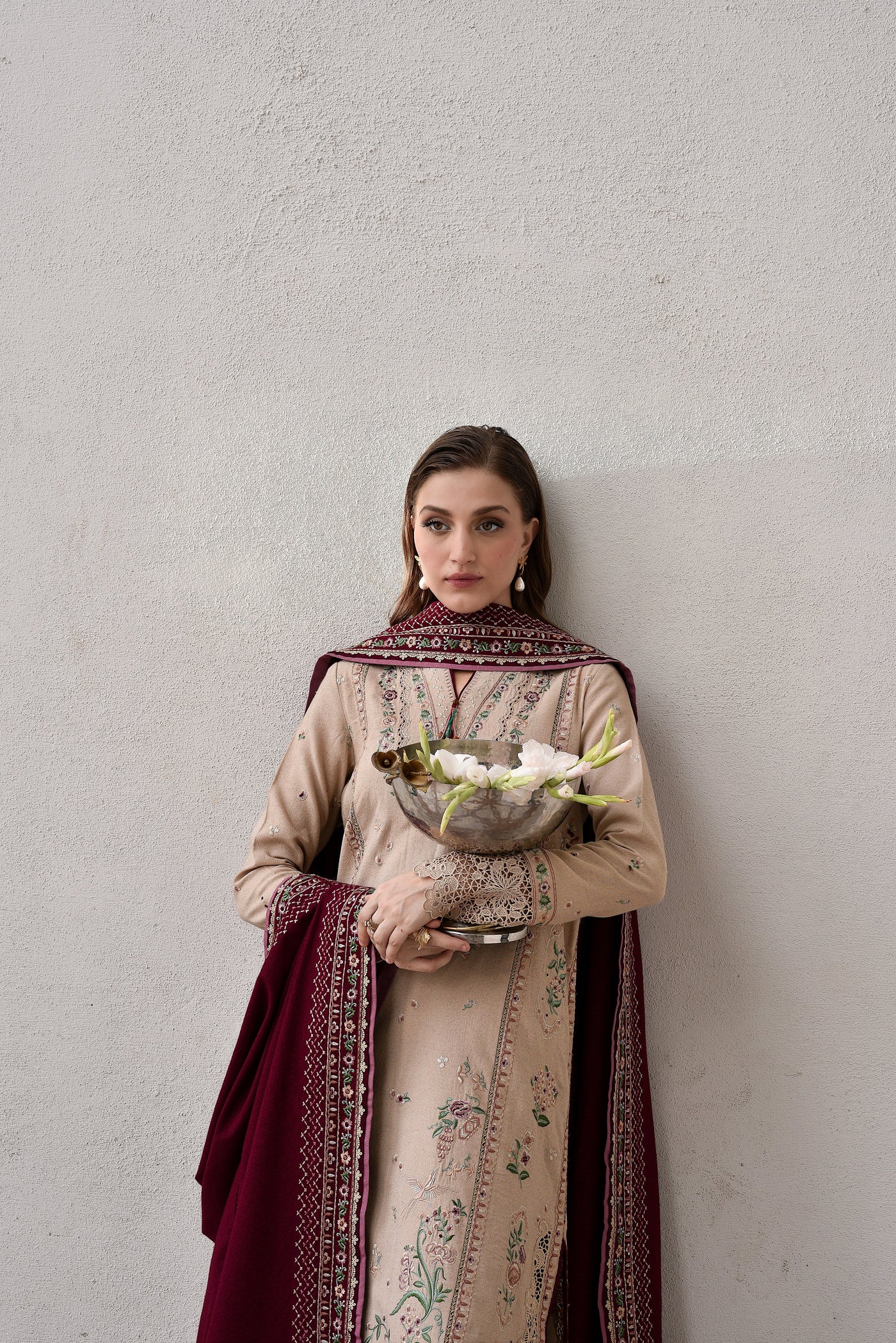 Beige & Burgundy Luxury Embroidered Karandi Set Stitched (Nel-25628) Ready To Ship