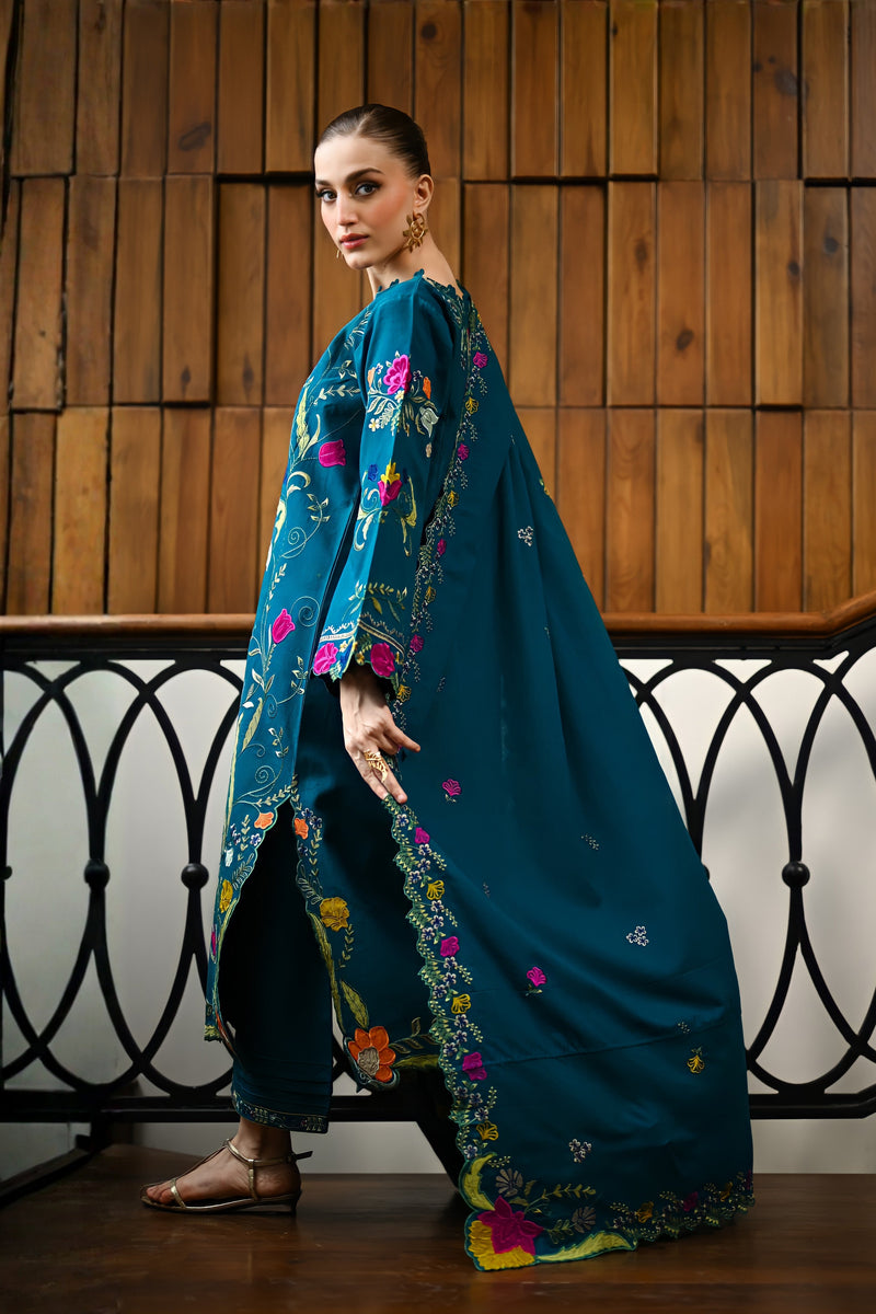 Zinc Green Laser Cutwork Luxury Embroidered Karandi Set (Nel-25637)