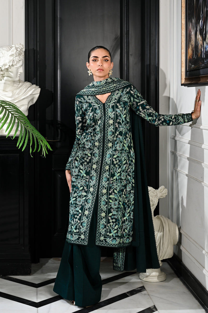 Emerald Green Luxury Aari Embroidered Karandi Set (Nel-25636)-Ready To Ship