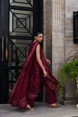 BURGUNDY LUXURY EMBROIDERED KARANDI SET STITCHED (NEL-25630)-READY TO SHIP