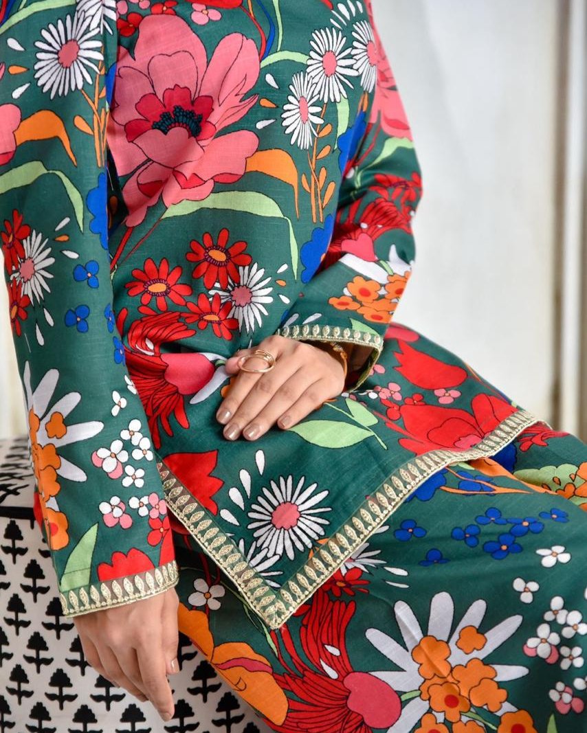 Green Glamour – Elegant Printed Khaddar Suit for Women