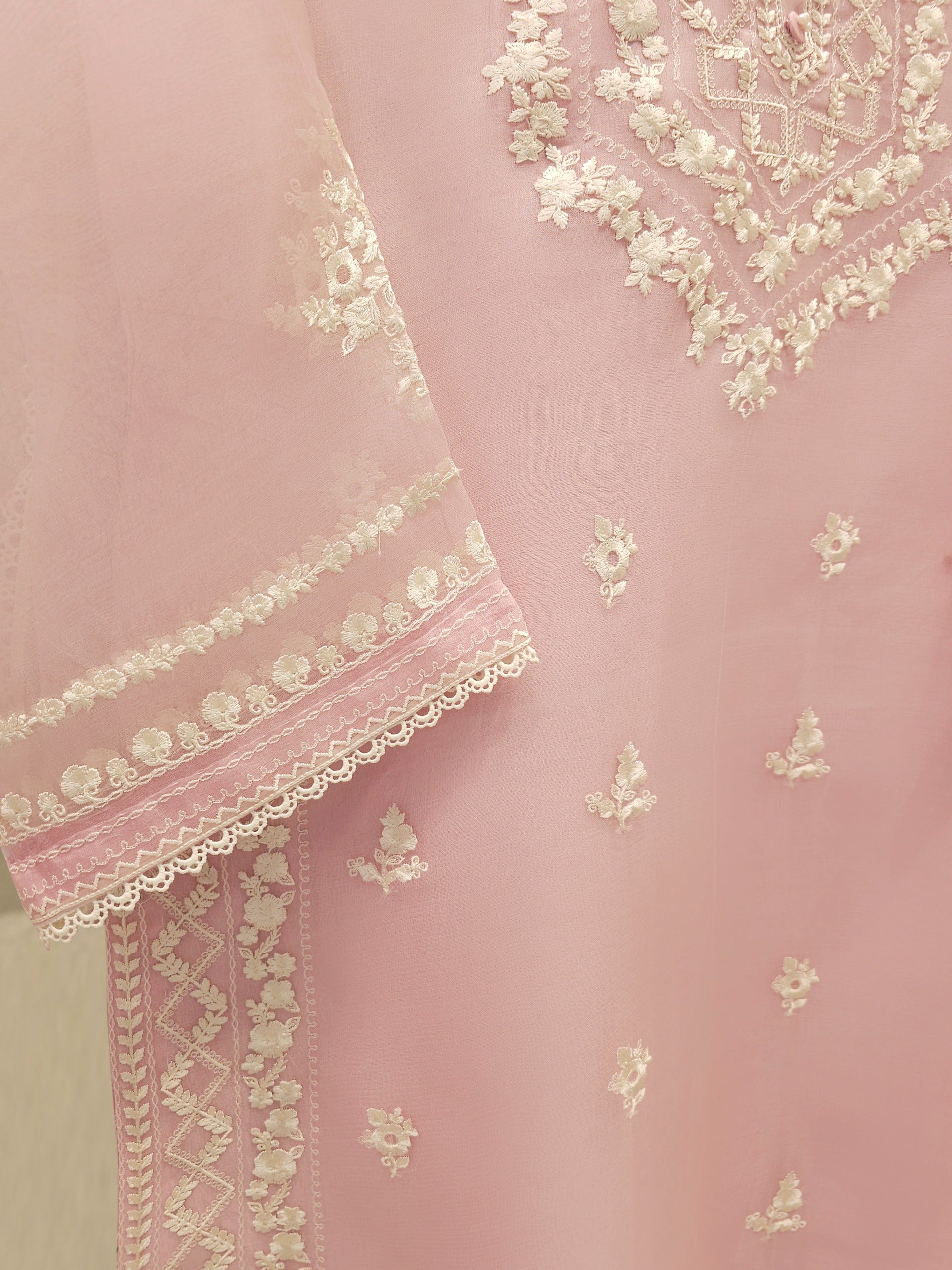 3 Piece - Pure Organza Embroidered Suit S112449