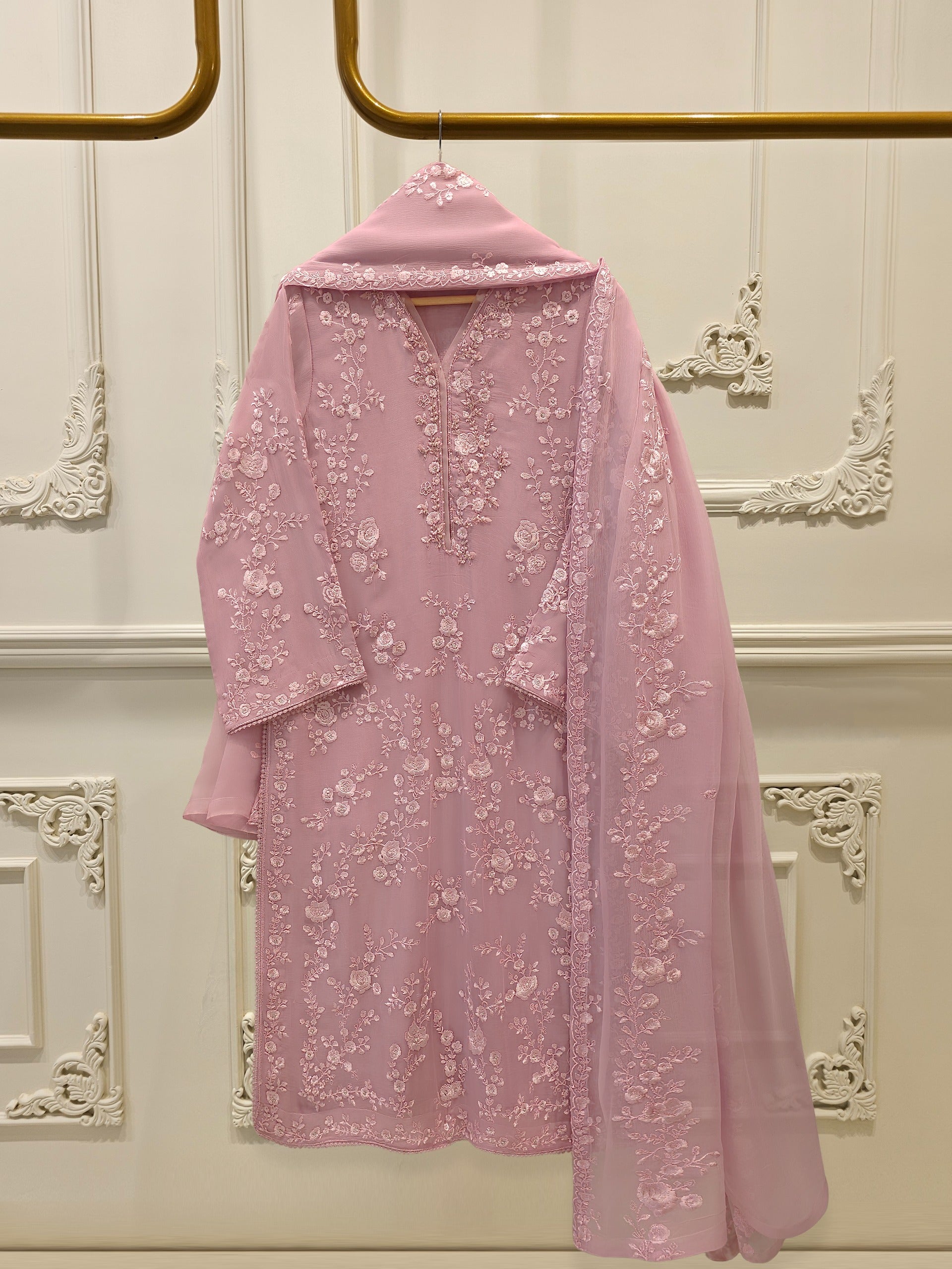 3 Piece - Pure  Chiffon Embroidered Suit S112560