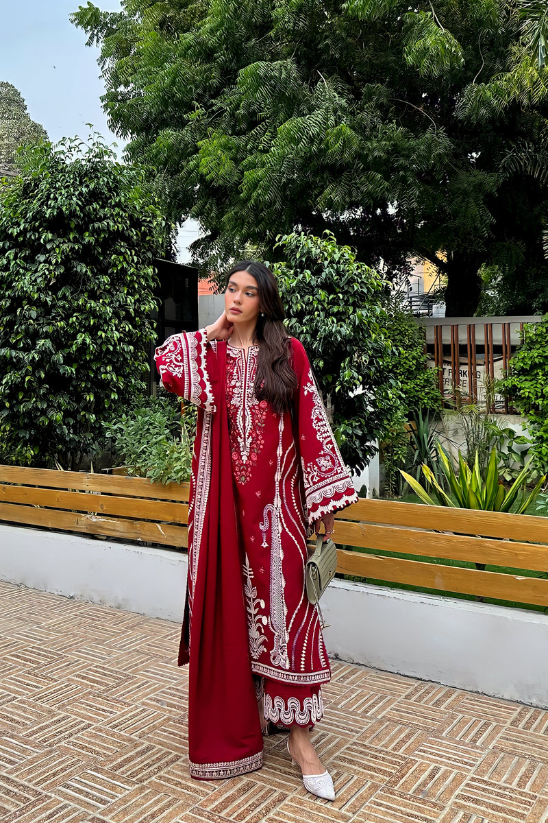 Dori Deep Red Luxury Embroidered Karandi Set (Nel-25629)