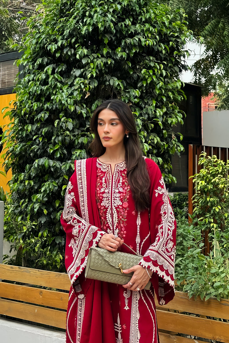 Dori Deep Red Luxury Embroidered Karandi Set Stitched (Nel-25629) Ready To Ship