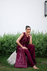 BURGUNDY LUXURY EMBROIDERED KARANDI SET STITCHED (NEL-25630)-READY TO SHIP