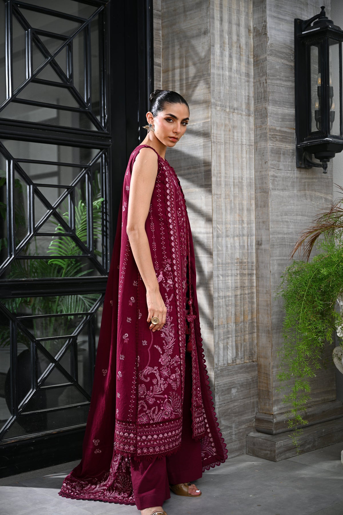 BURGUNDY LUXURY EMBROIDERED KARANDI SET STITCHED (NEL-25630)-READY TO SHIP