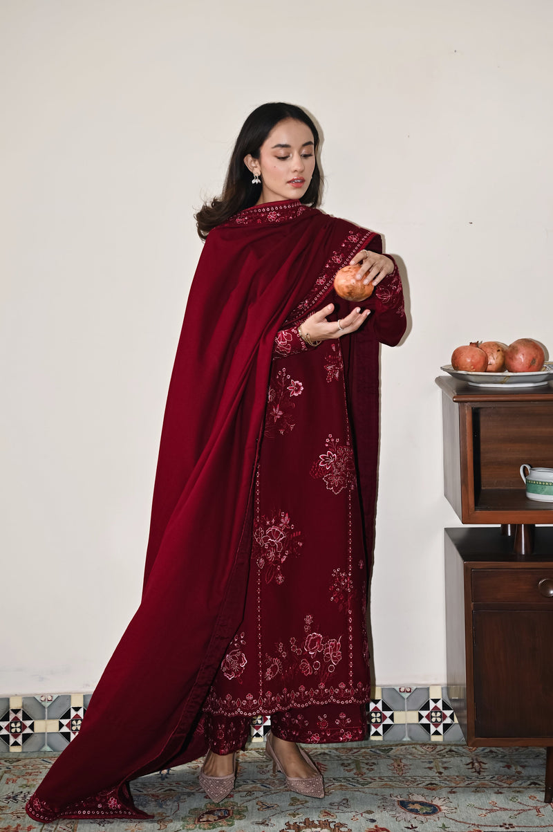 Deep Maroon Luxury Embroidered Karandi 3Pcs Set (Npa3-25450)-Ready To Wear