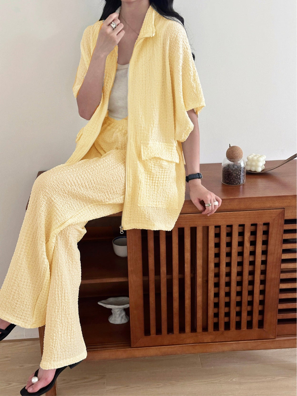 Roohi Yellow Textured suit with Full Zipper