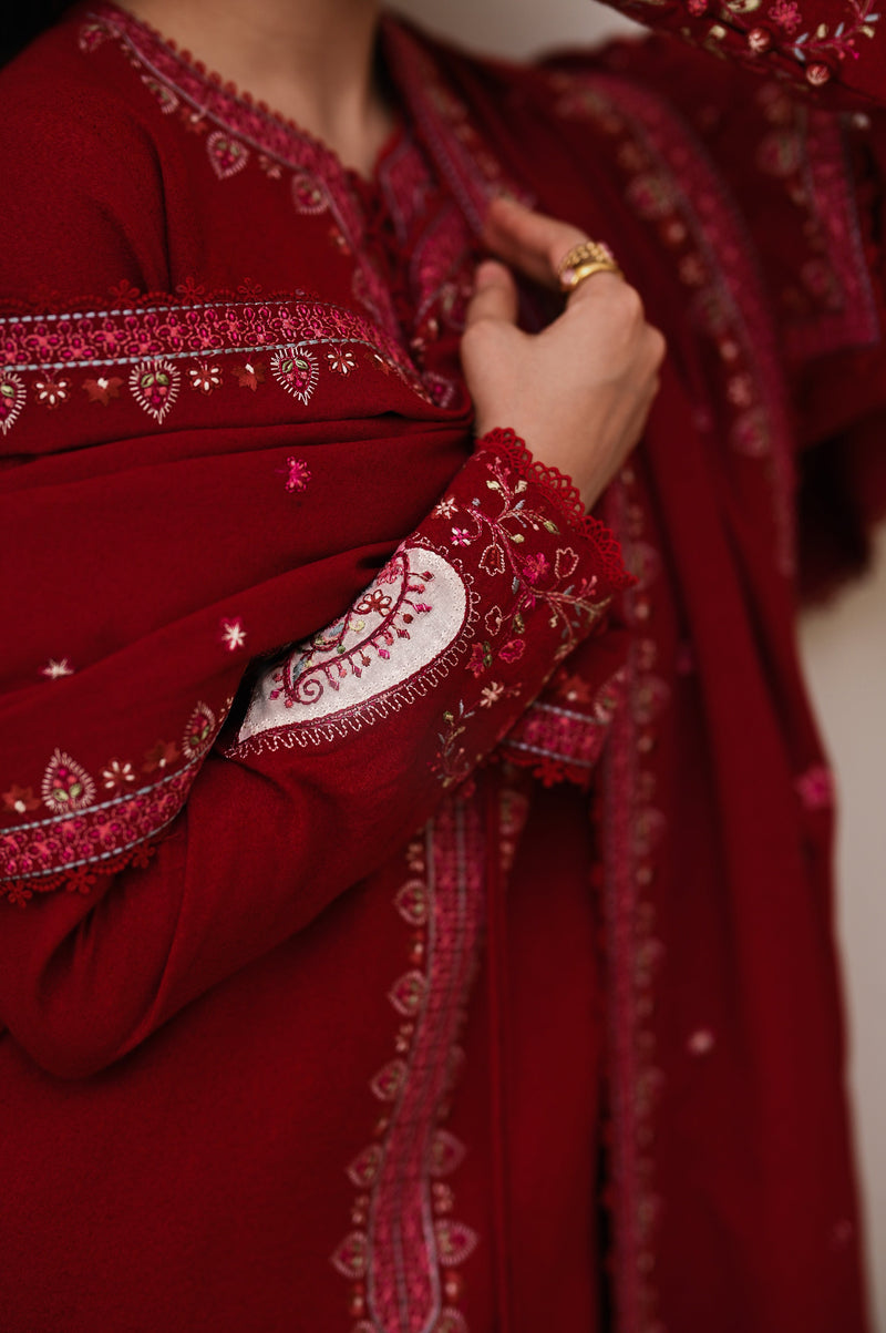 Deep Red Luxury Embroidered Karandi 3Pcs Set (Npa3-25449)-Ready To Wear