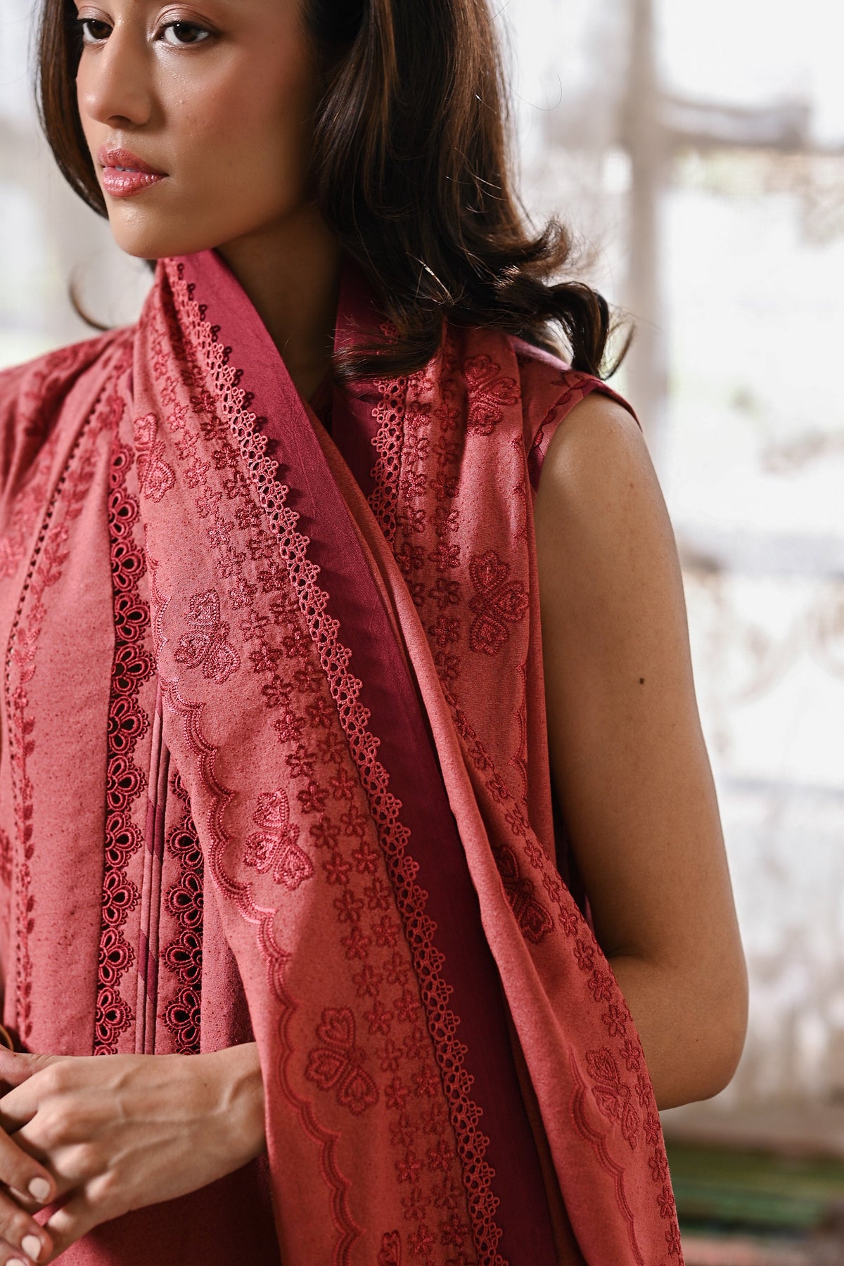 PEACHY PINK LUXURY EMBROIDERED KARANDI 3PCS SET (NPA3-25447)-READY TO WEAR