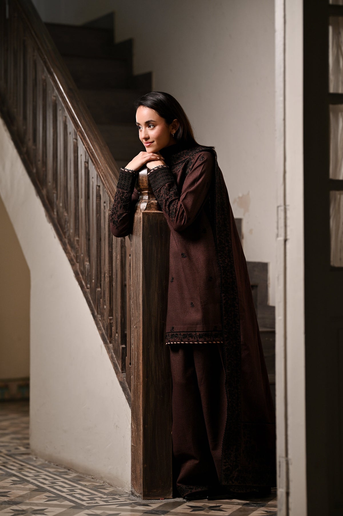 CHOCOLATE BROWN LUXURY EMBROIDERED KARANDI 3PCS SET (NPA3-25441)-READY TO WEAR