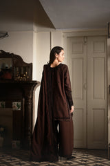 CHOCOLATE BROWN LUXURY EMBROIDERED KARANDI 3PCS SET (NPA3-25441)-READY TO WEAR