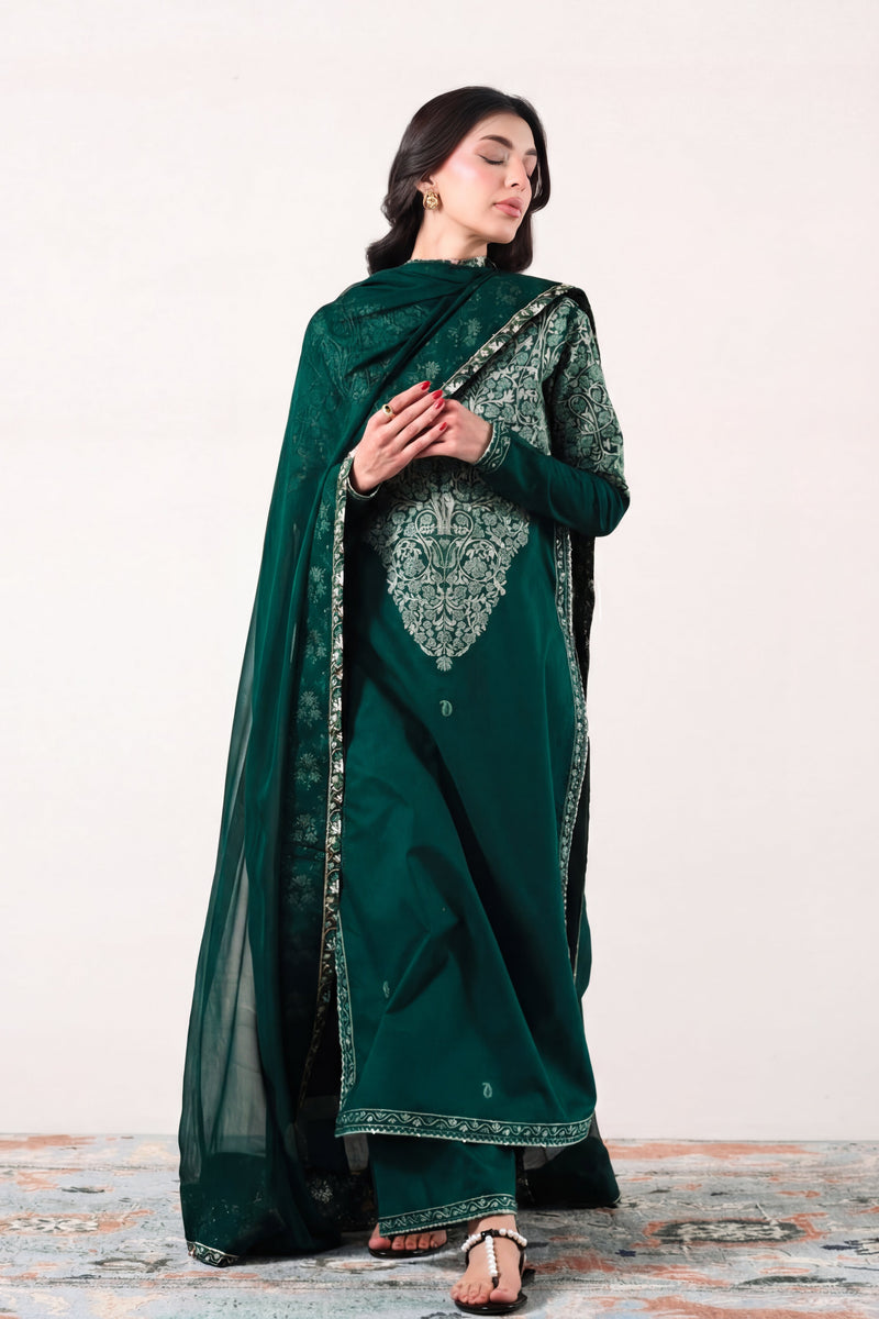 EMERALD GREEN LUXURY EMBROIDERED LAWN 3PCS SET (NPA3-26408) - READY TO WEAR / EXPRESS SHIPPING