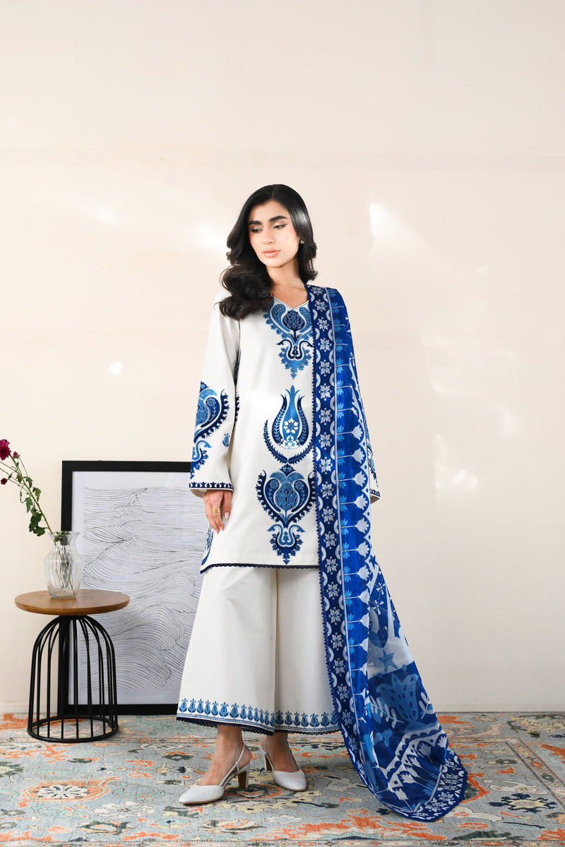 WHITE & BLUE LUXURY EMBROIDERED LAWN 3PCS SET (NPA3-26412) - READY TO WEAR / EXPRESS SHIPPING