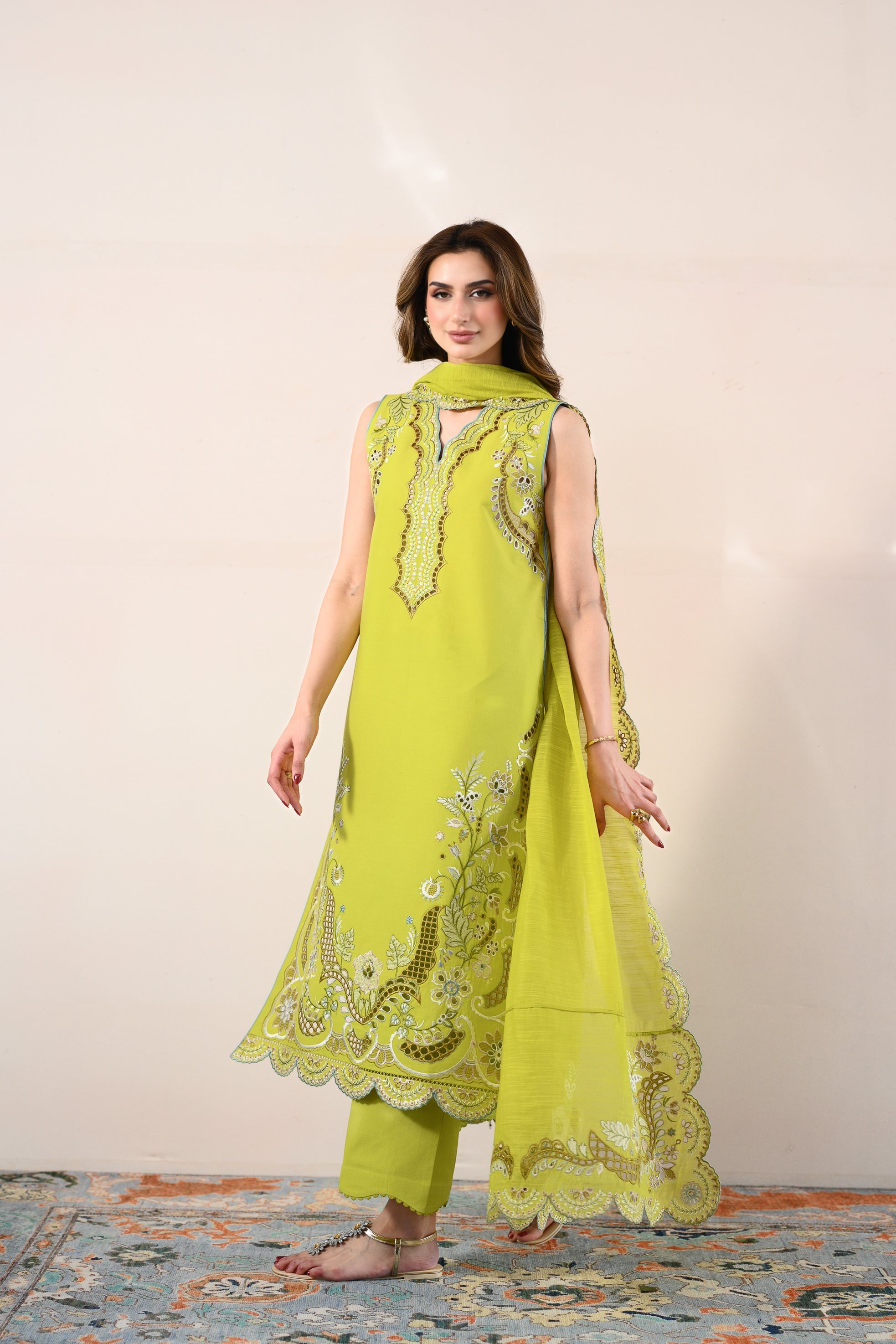 LIME GREEN LUXURY EMBROIDERED LAWN 3PCS SET (NPA3-26416) - READY TO WEAR / EXPRESS DELIVERY FOR EID