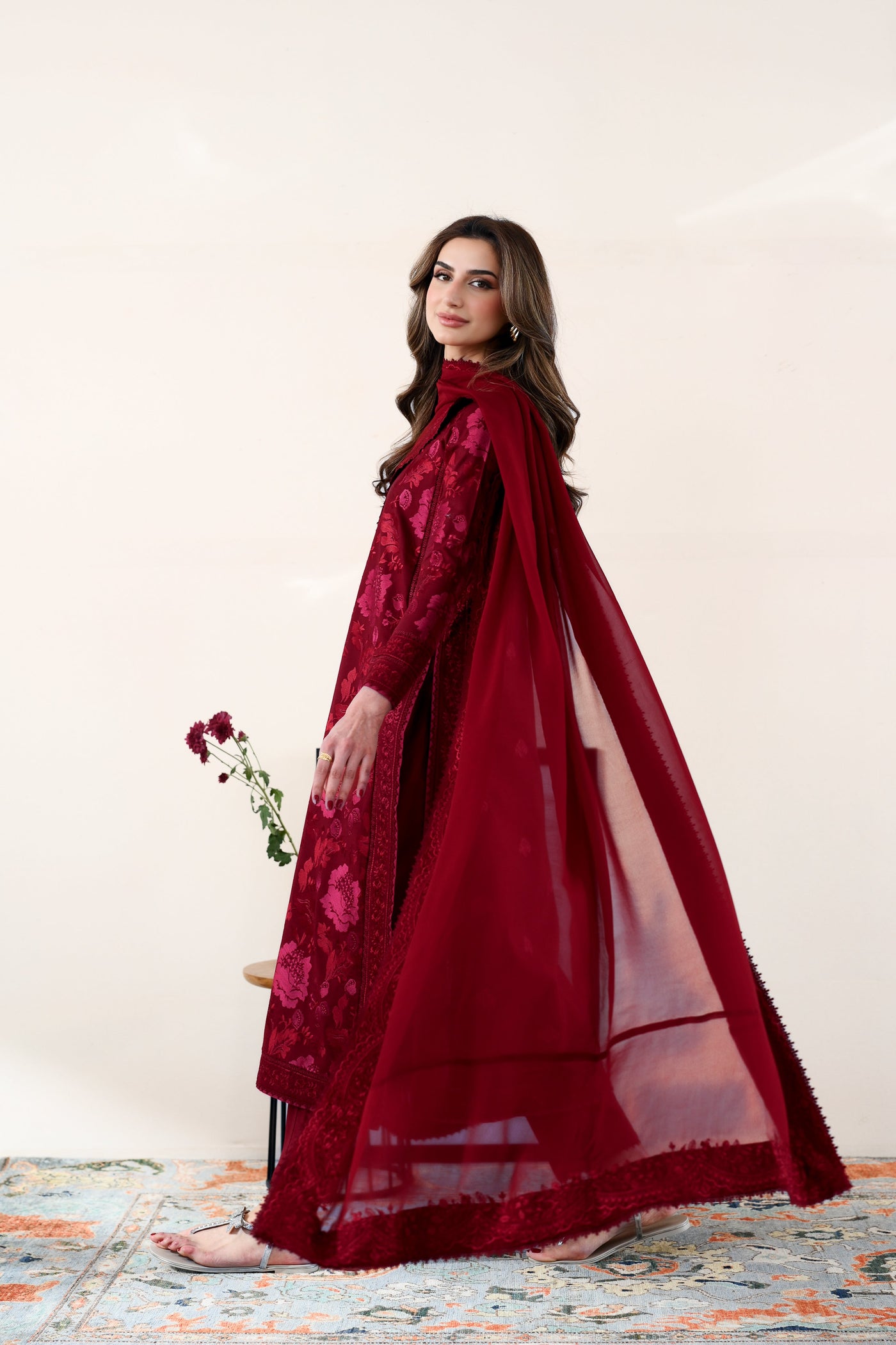 Maroon Luxury Embroidered Lawn 3Pcs Set (Npa3-26419) - Ready To Wear / Express Shipping For Eid