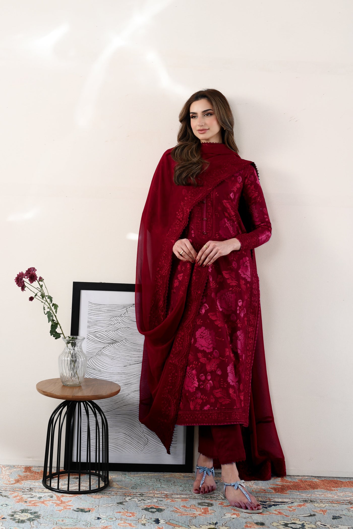 Maroon Luxury Embroidered Lawn 3Pcs Set (Npa3-26419) - Ready To Wear / Express Shipping For Eid