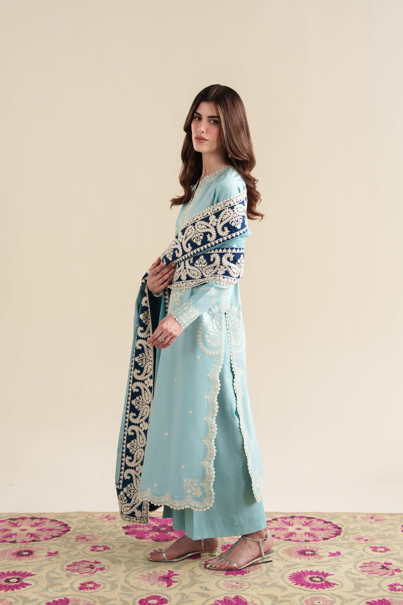 Ice Blue Luxury Embroidered 3Pcs Set (Npa3-26423) - Ready To Wear X Eid Ul Adha 26 / Express Delivery For Eid