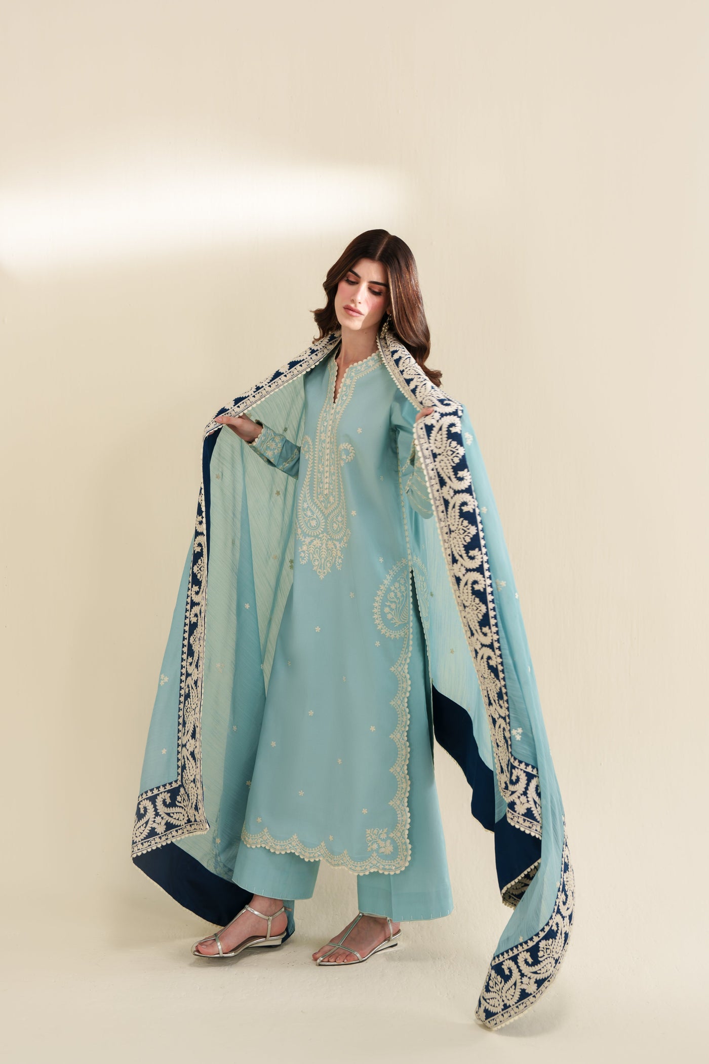 Ice Blue Luxury Embroidered 3Pcs Set (Npa3-26423) - Ready To Wear X Eid Ul Adha 26 / Express Delivery For Eid