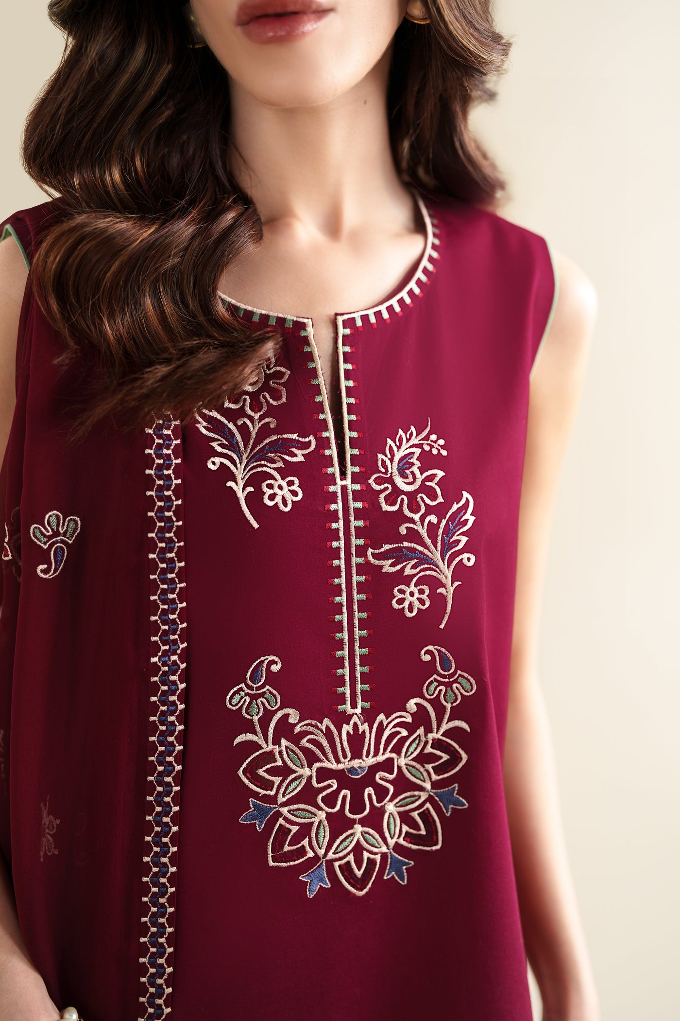 DEEP BURGUNDY LUXURY EMBROIDERED 3PCS SET (NPA3-26420) - READY TO WEAR