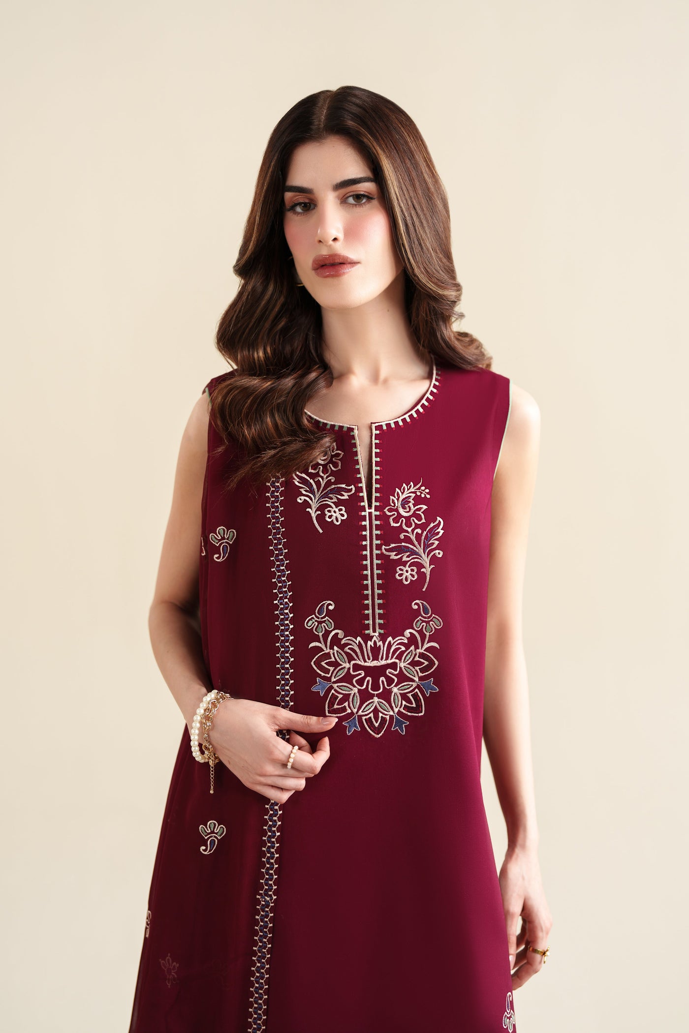 DEEP BURGUNDY LUXURY EMBROIDERED 3PCS SET (NPA3-26420) - READY TO WEAR
