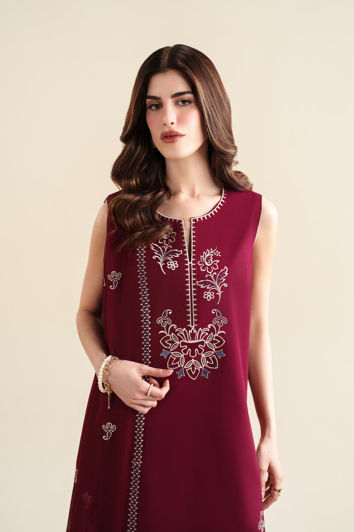 DEEP BURGUNDY LUXURY EMBROIDERED 3PCS SET (NPA3-26420) - READY TO WEAR