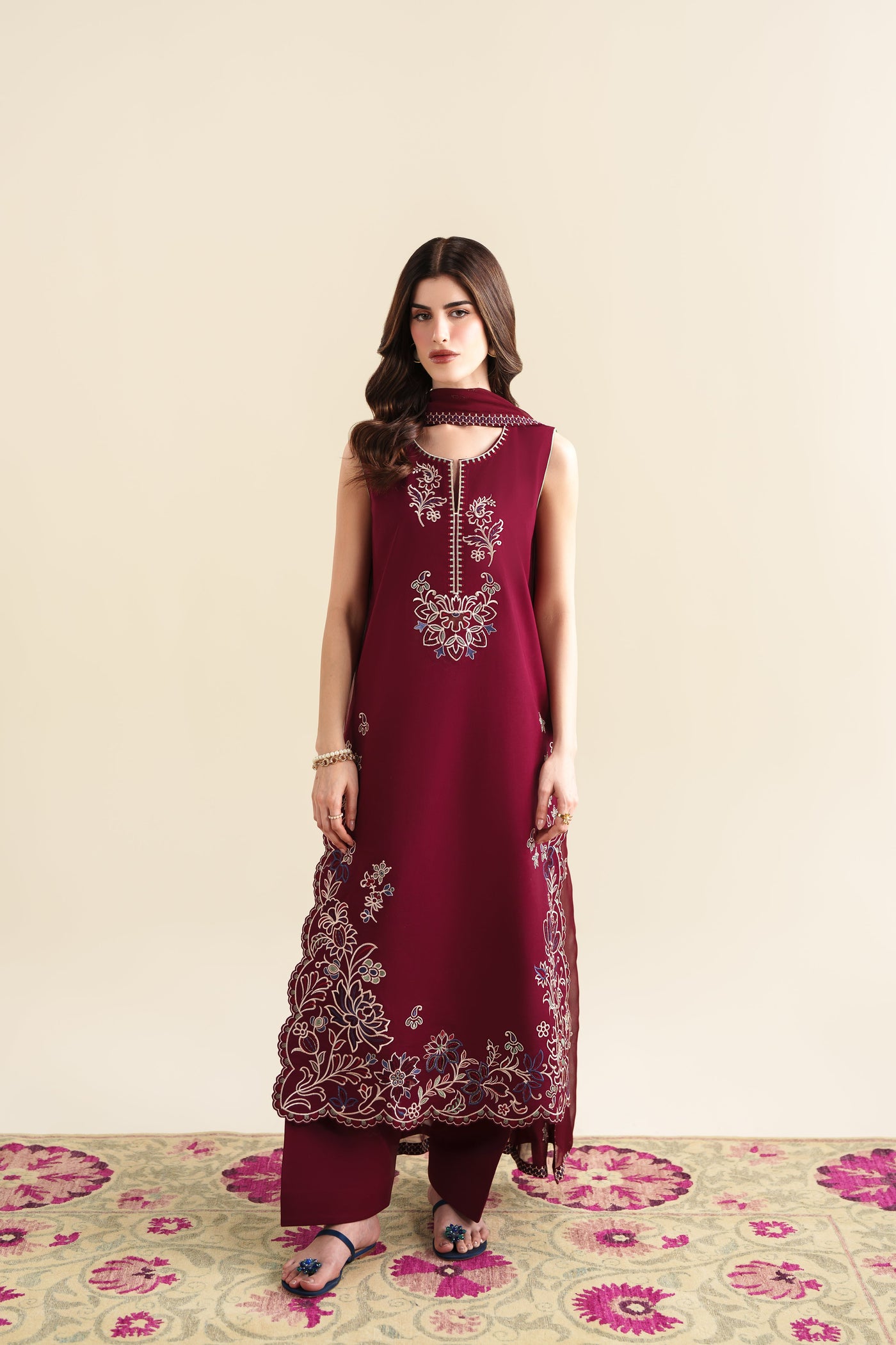 DEEP BURGUNDY LUXURY EMBROIDERED 3PCS SET (NPA3-26420) - READY TO WEAR