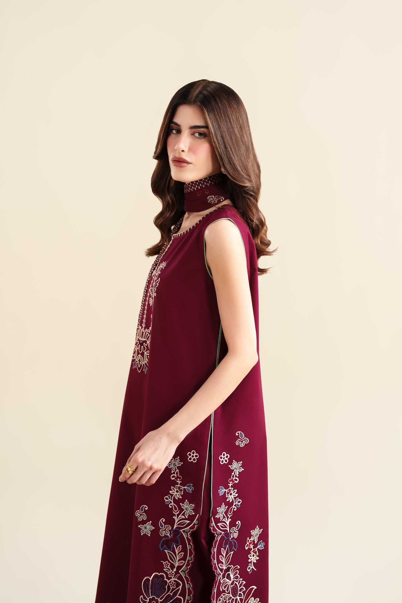 DEEP BURGUNDY LUXURY EMBROIDERED 3PCS SET (NPA3-26420) - READY TO WEAR
