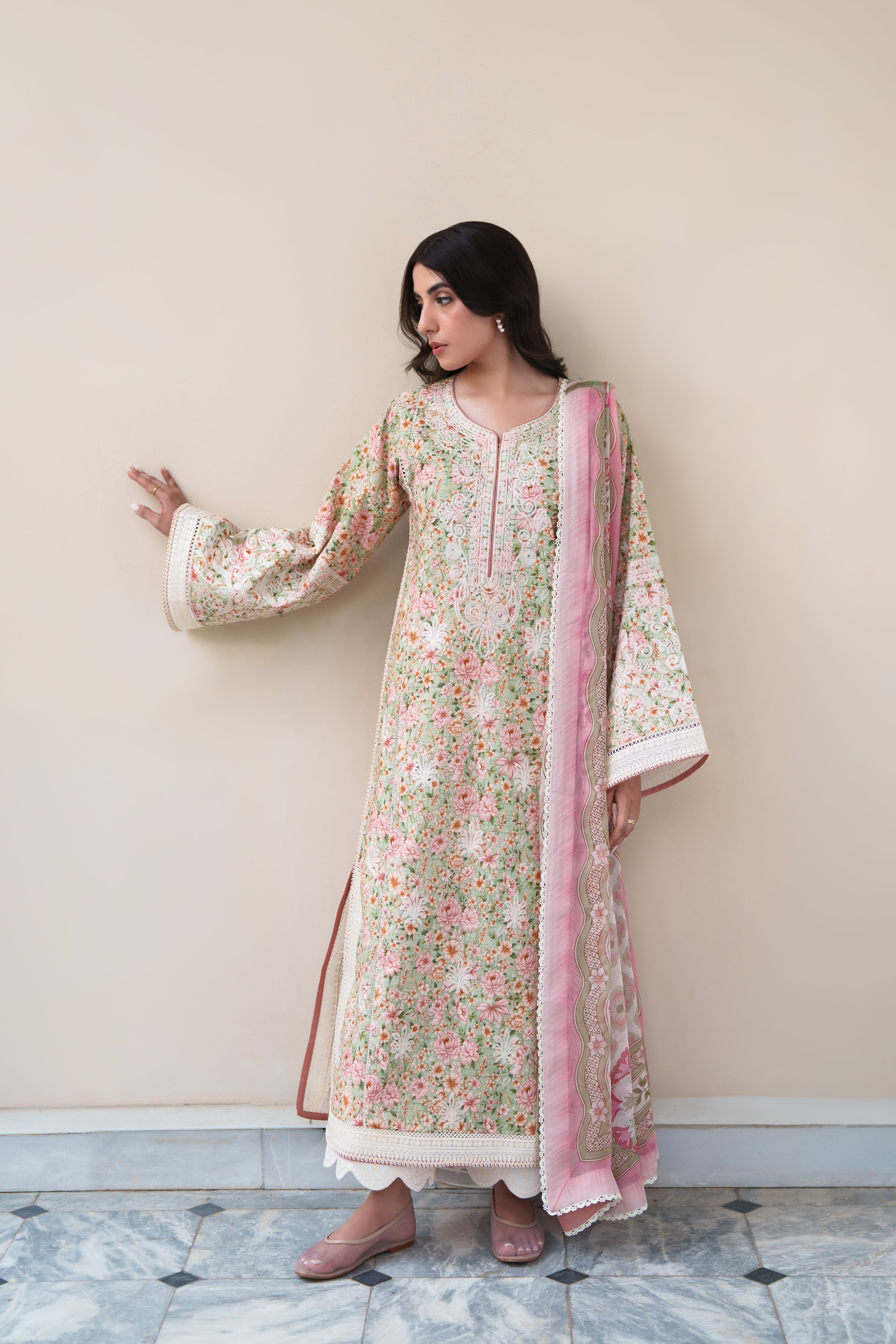 SOFT PISTACHIO LUXURY EMBROIDERED PRINTED PREMIUM COTTON 3PCS SET (NEL-26630)