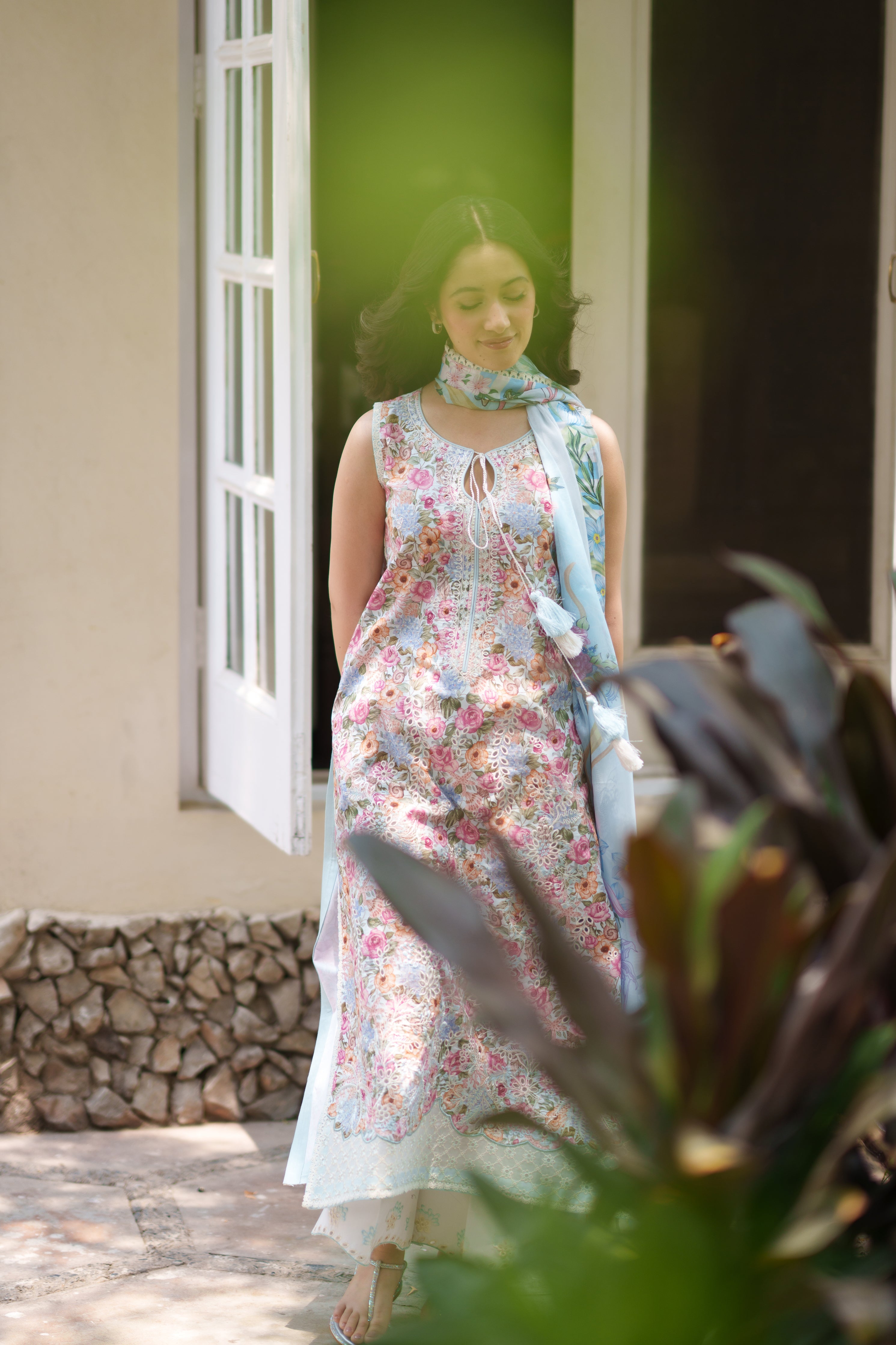 SOFT BLUE LUXURY EMBROIDERED PRINTED  PREMIUM COTTON 3PCS SET (NEL-26628)