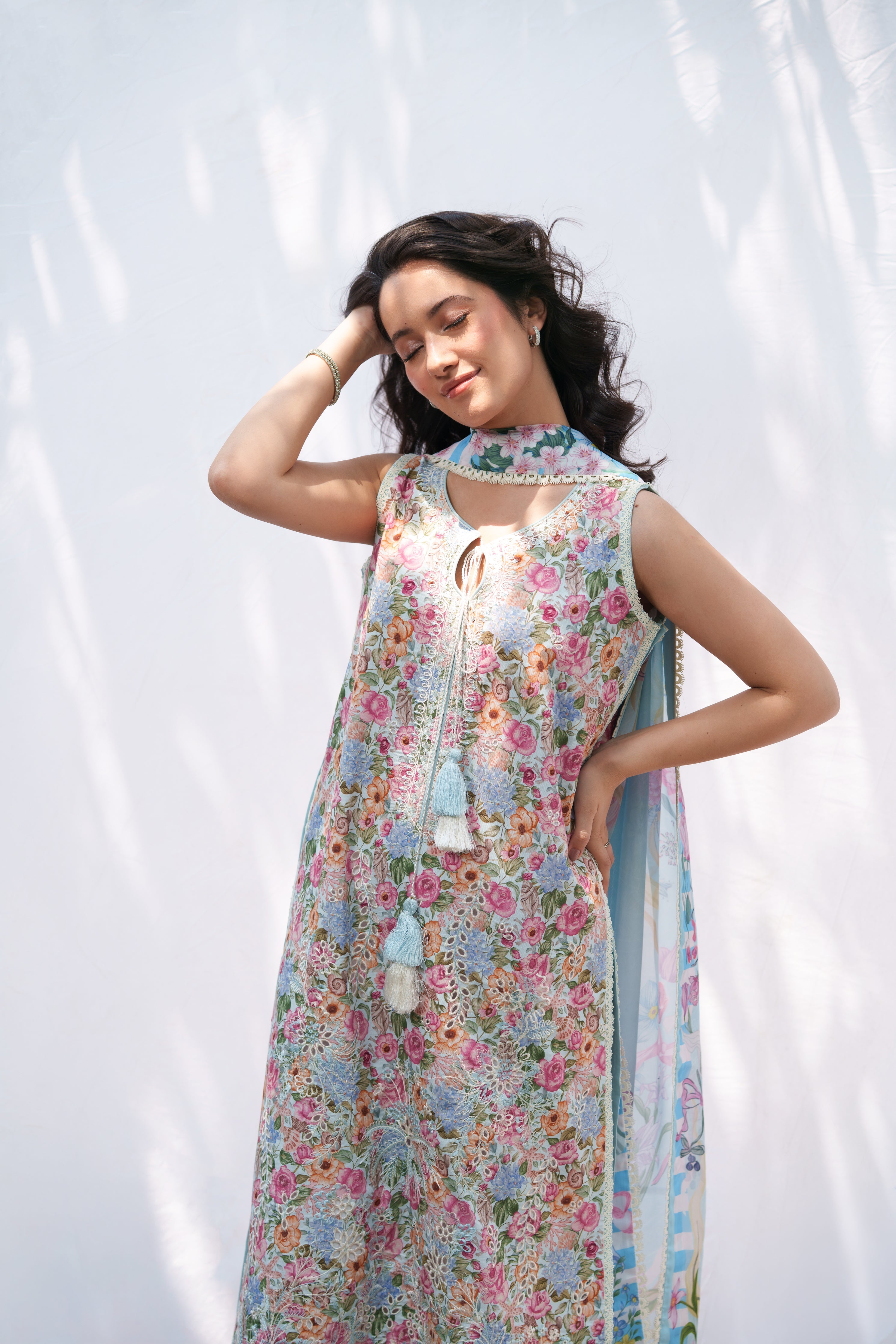 SOFT BLUE LUXURY EMBROIDERED PRINTED  PREMIUM COTTON 3PCS SET (NEL-26628)