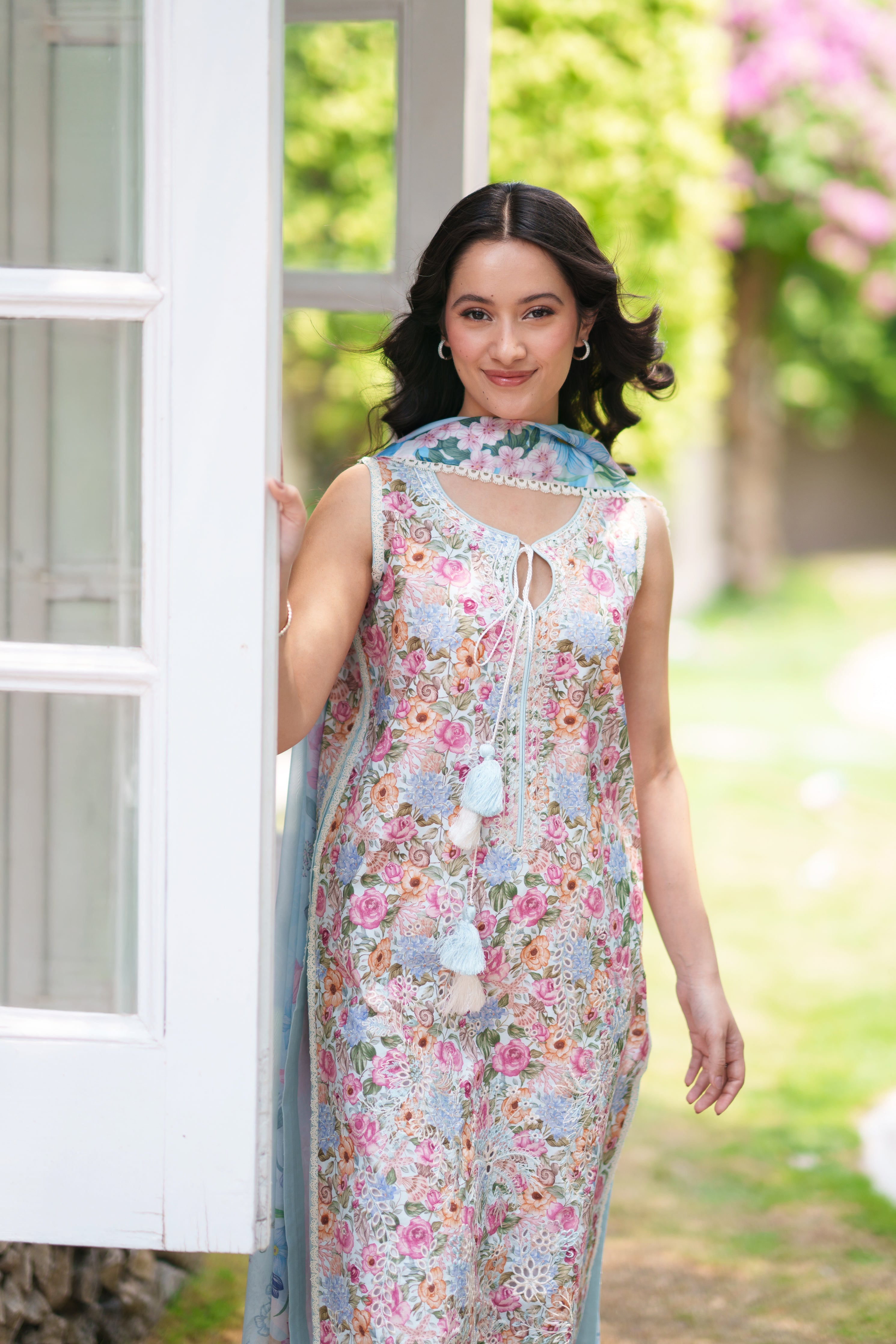 SOFT BLUE LUXURY EMBROIDERED PRINTED  PREMIUM COTTON 3PCS SET (NEL-26628)