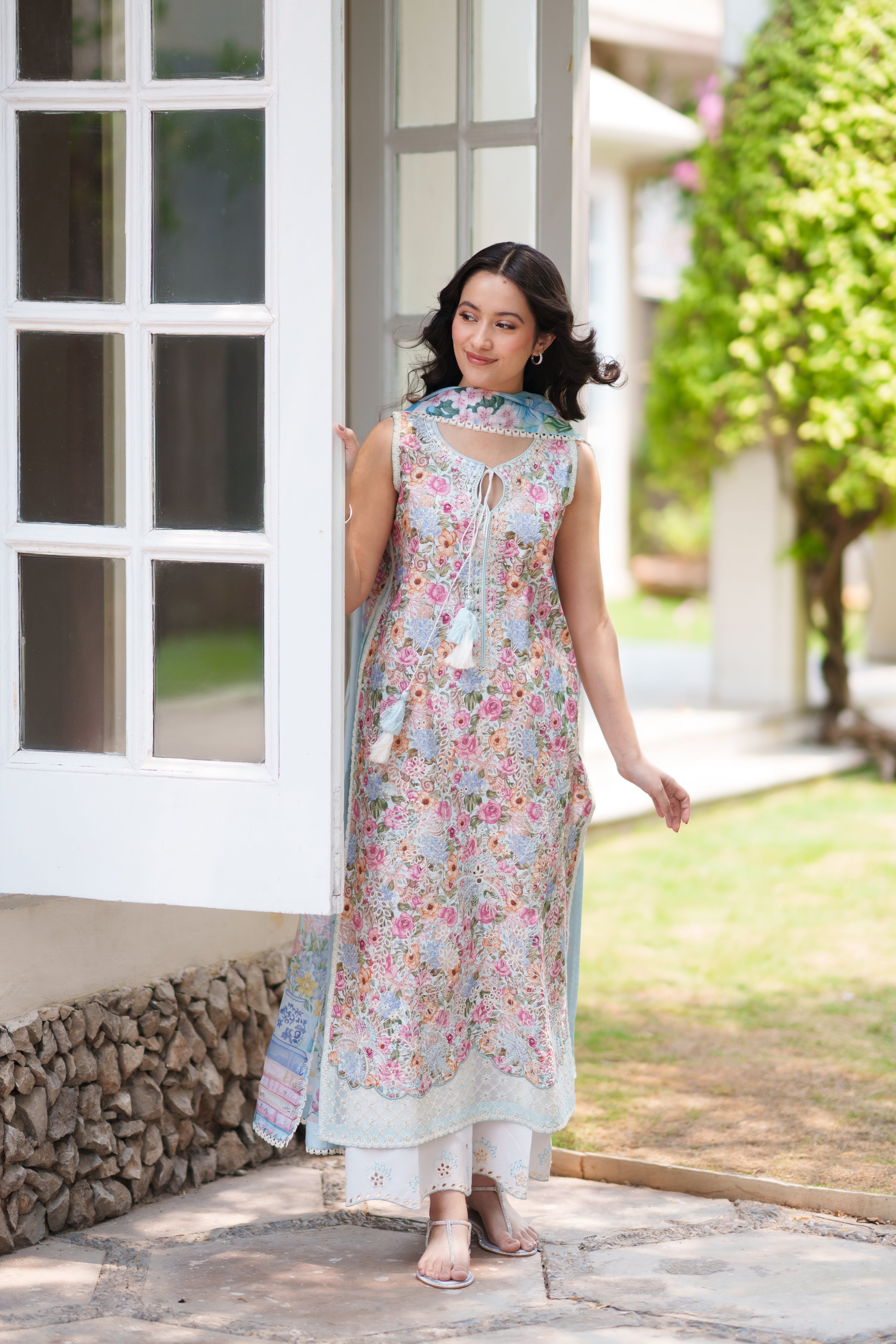 SOFT BLUE LUXURY EMBROIDERED PRINTED  PREMIUM COTTON 3PCS SET (NEL-26628)