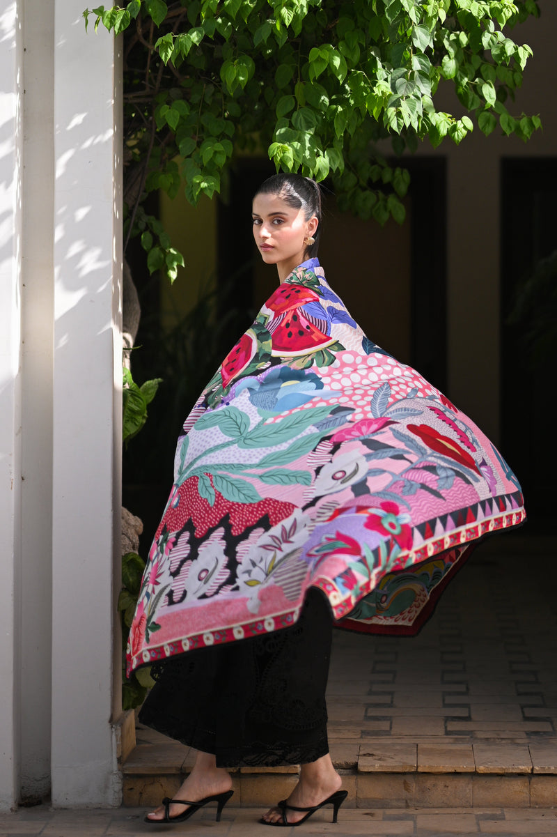 Watermelon / Black Luxury Printed Embroidered Lawn Set (Nel-25611)