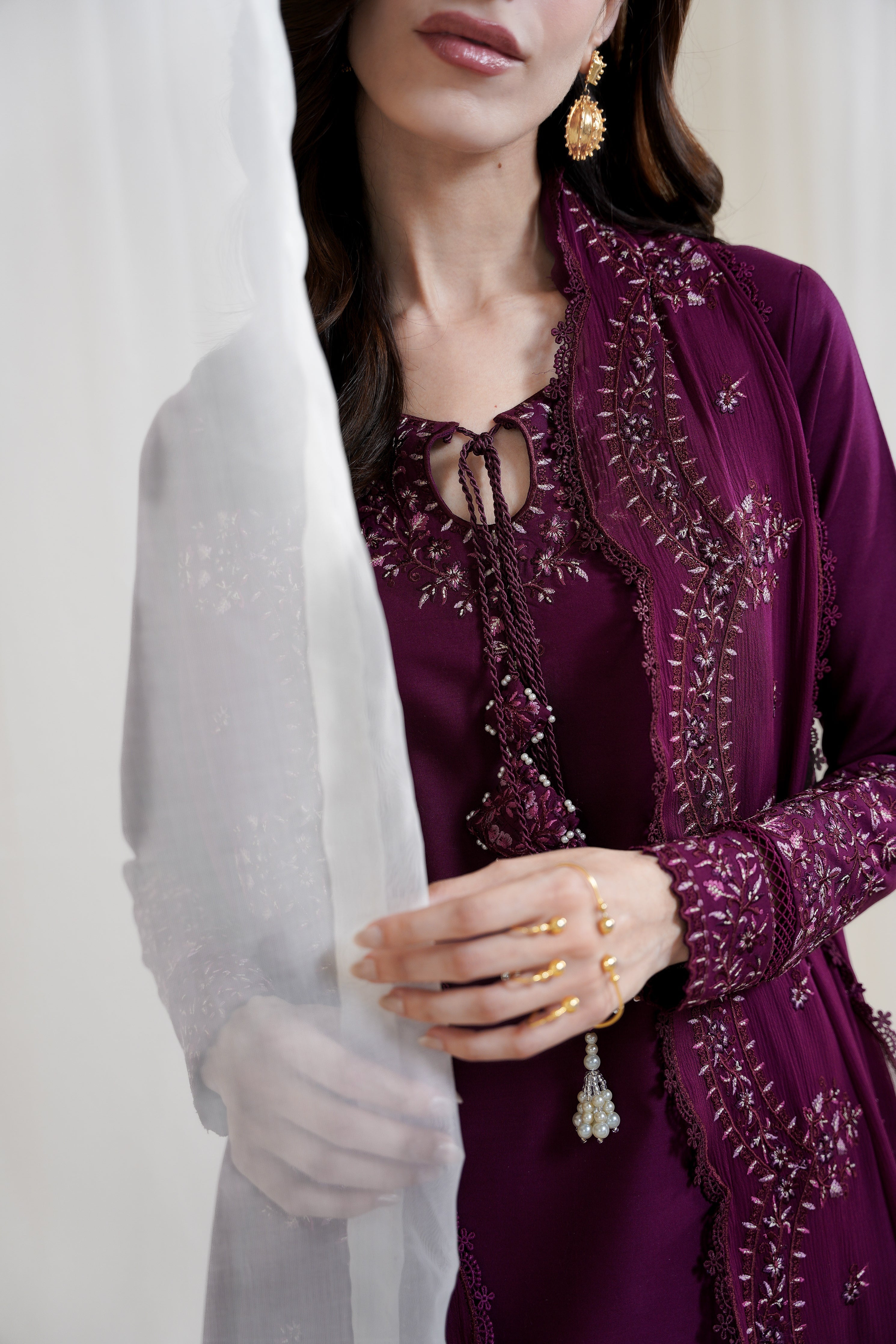 BURGUNDY PLUM FARSHI LUXURY EMBROIDERED 3PCS SET NPA3-25425 (EID 2025 READY TO WEAR)