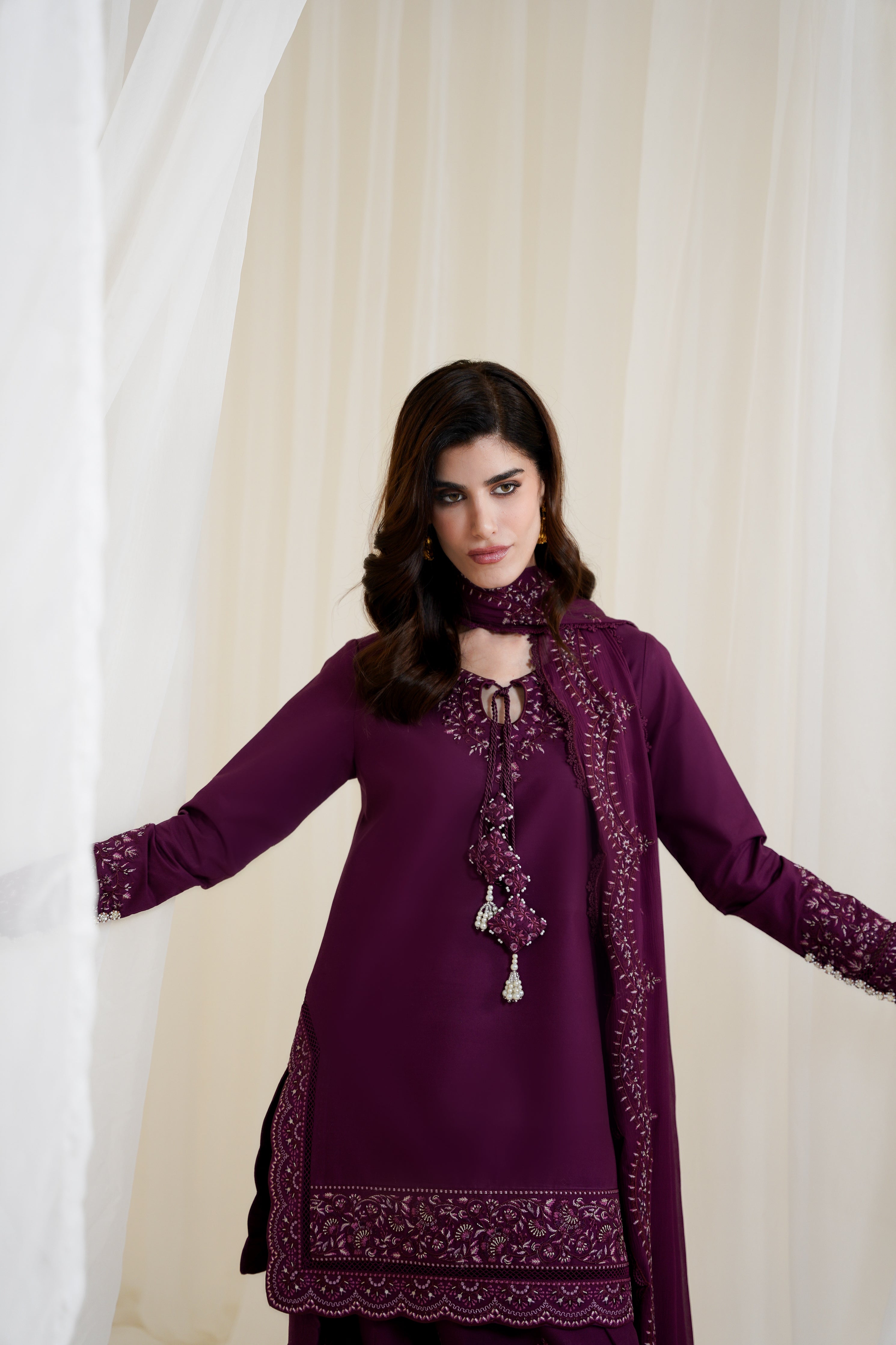 BURGUNDY PLUM FARSHI LUXURY EMBROIDERED 3PCS SET NPA3-25425 (EID 2025 READY TO WEAR)