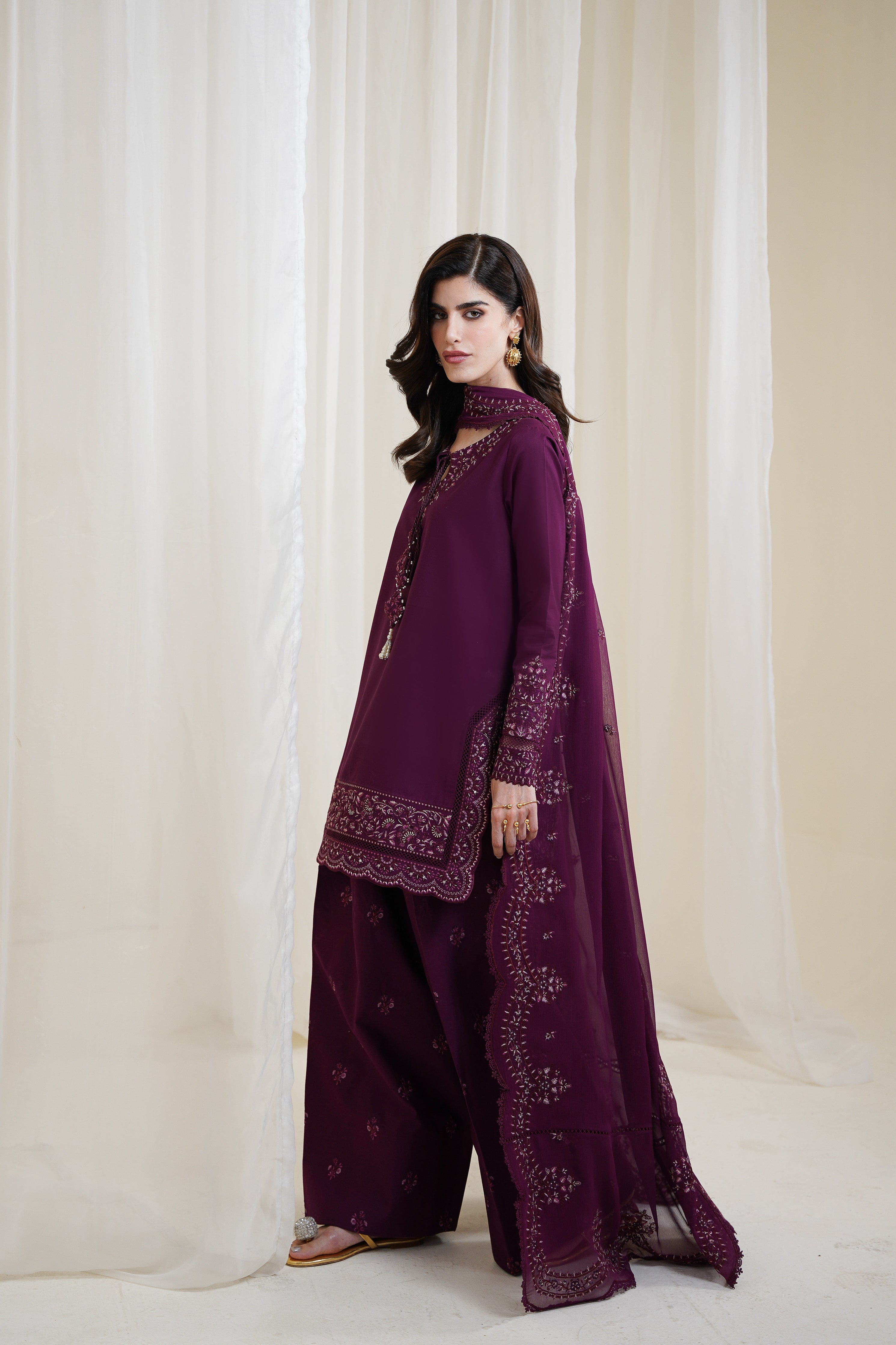 BURGUNDY PLUM FARSHI LUXURY EMBROIDERED 3PCS SET NPA3-25425 (EID 2025 READY TO WEAR)
