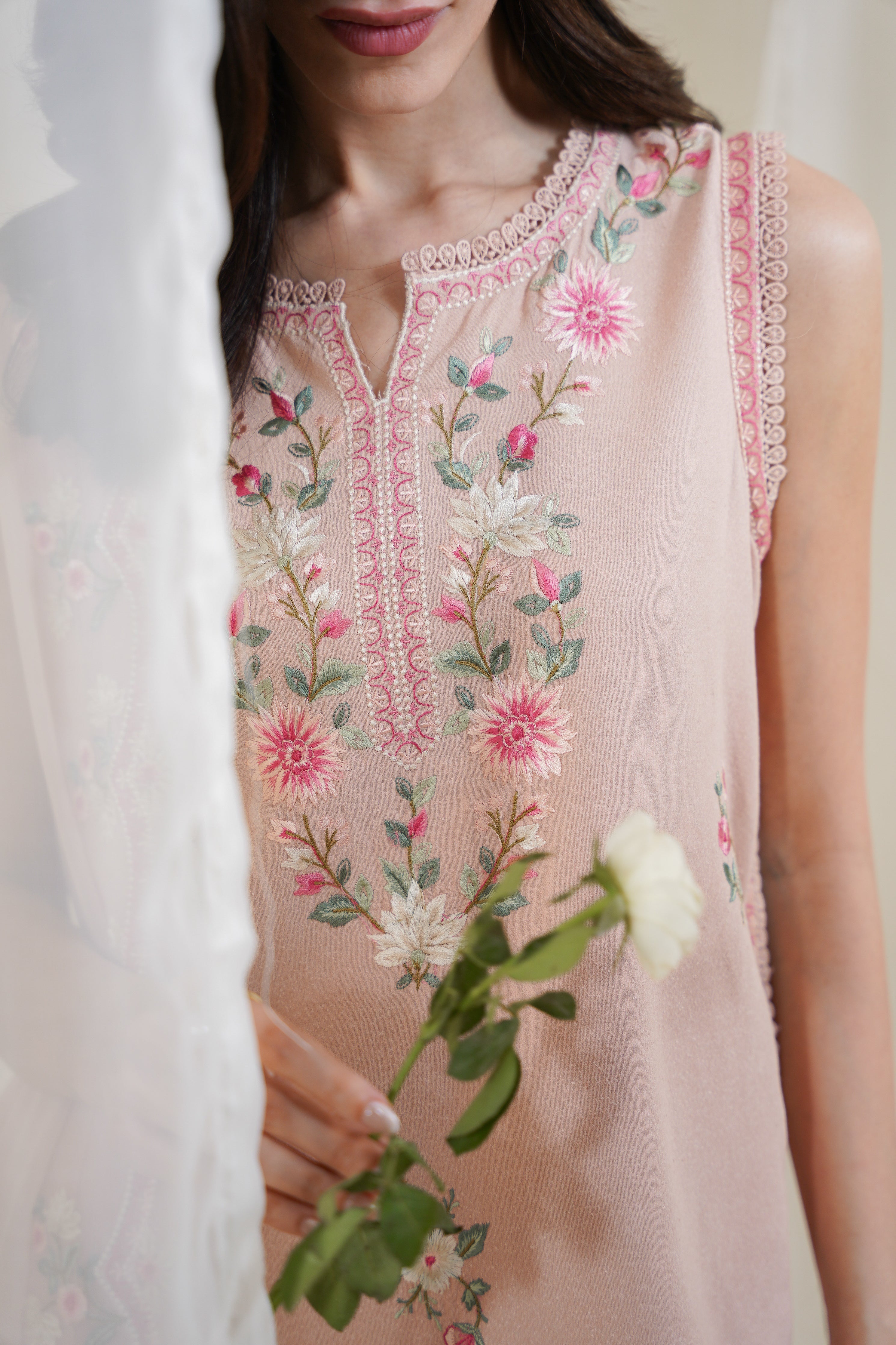PEACHY PINK LUXURY EMBROIDERED 3PCS SET NPA3-25423 (EID 2025 READY TO WEAR) - EXPRESS SHIPPING